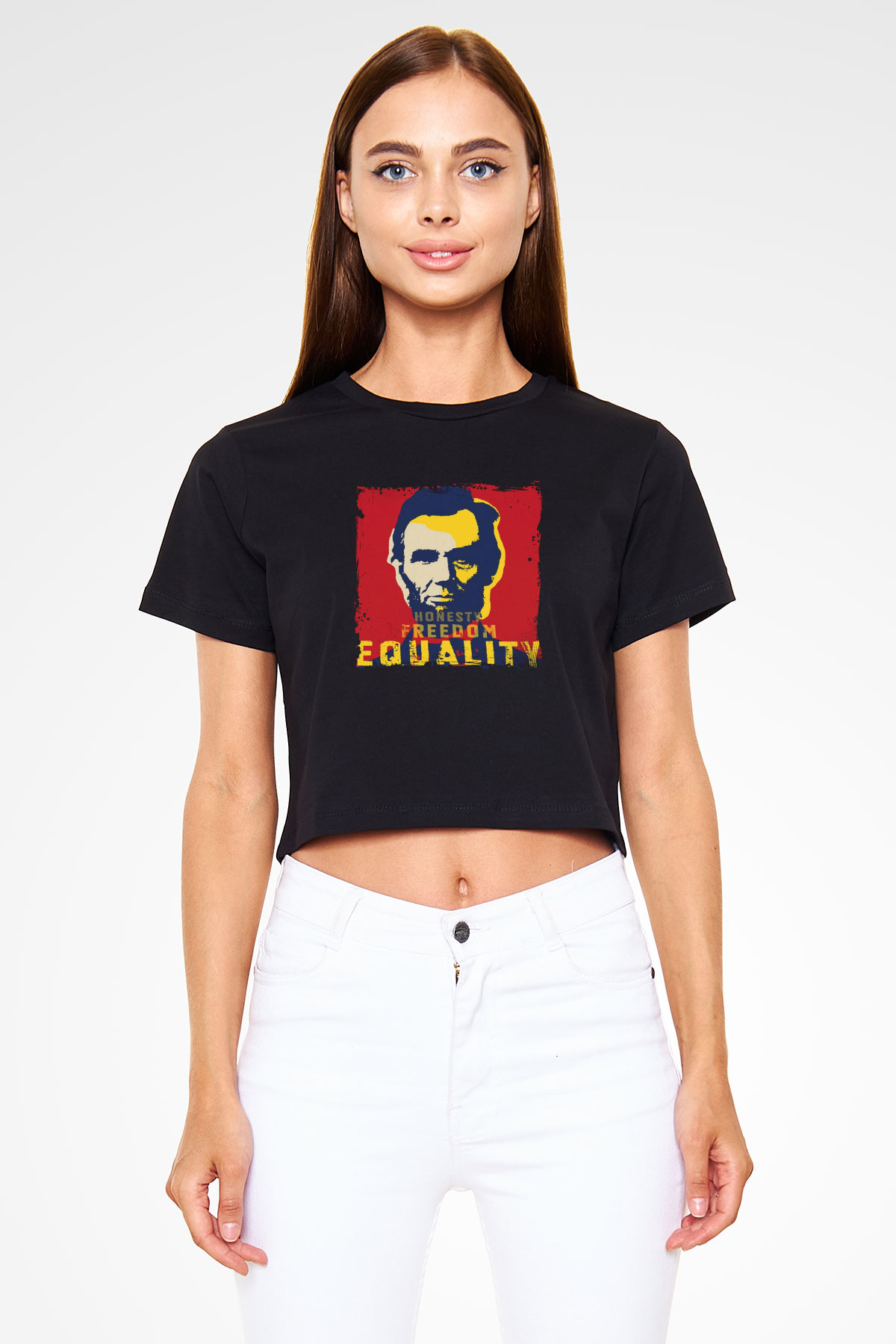 Abraham Lincoln Baskılı Siyah Kadın Crop Top Tişört