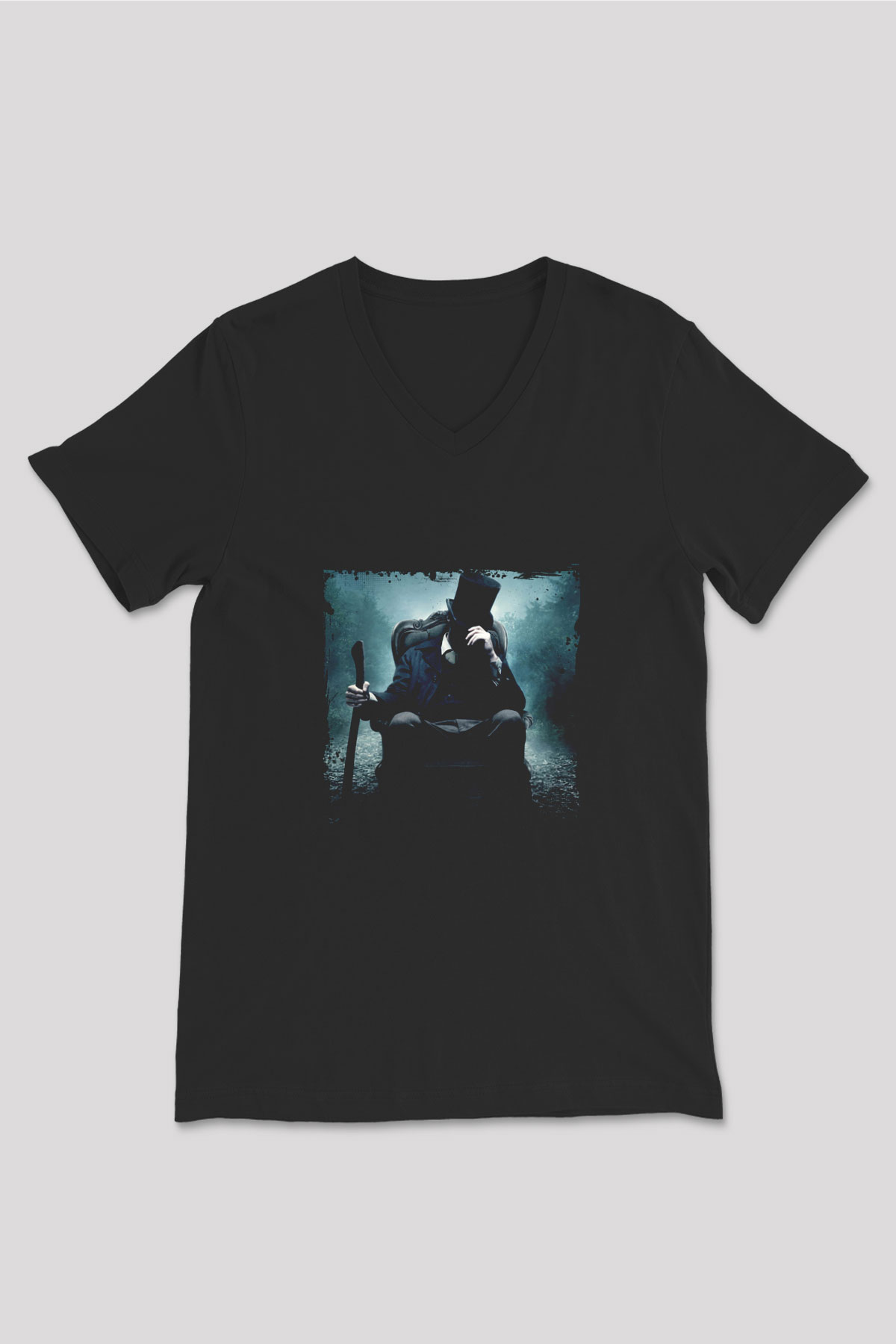 Abraham Lincoln Baskılı Unisex Siyah V Yaka Tişört