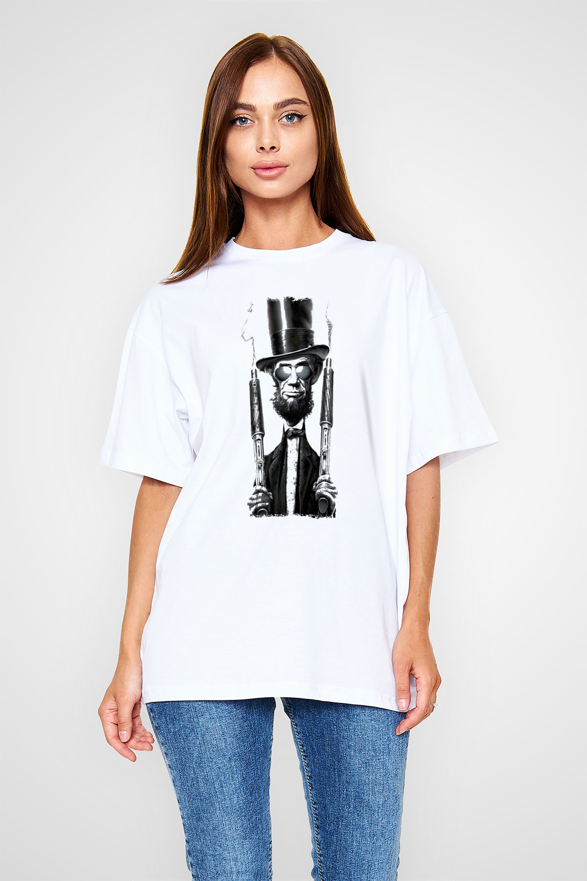 Abraham Lincoln Beyaz Oversize Tişört Oversize T-shirt - TişörtFabrikası