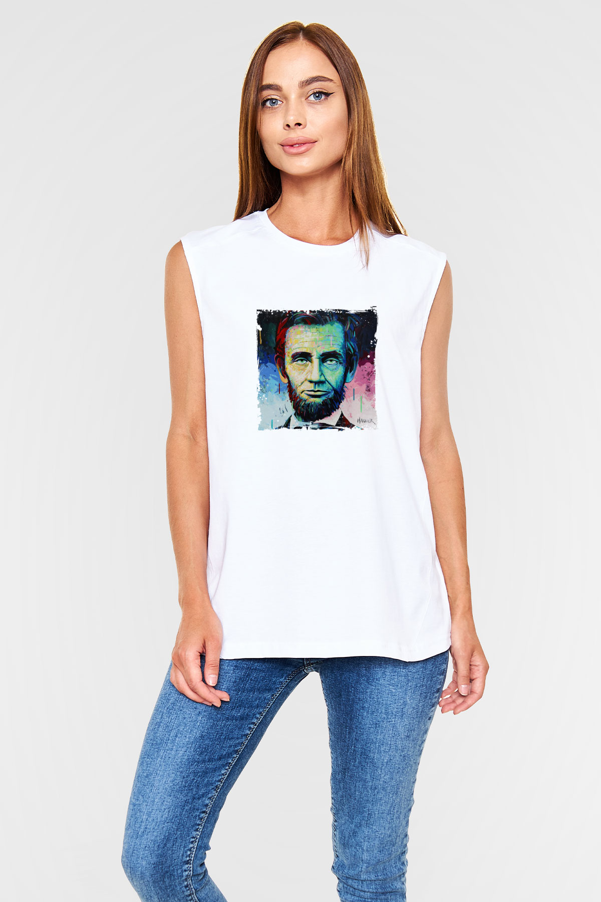 Abraham Lincoln Unisex Baskılı Beyaz Kolsuz Tişört