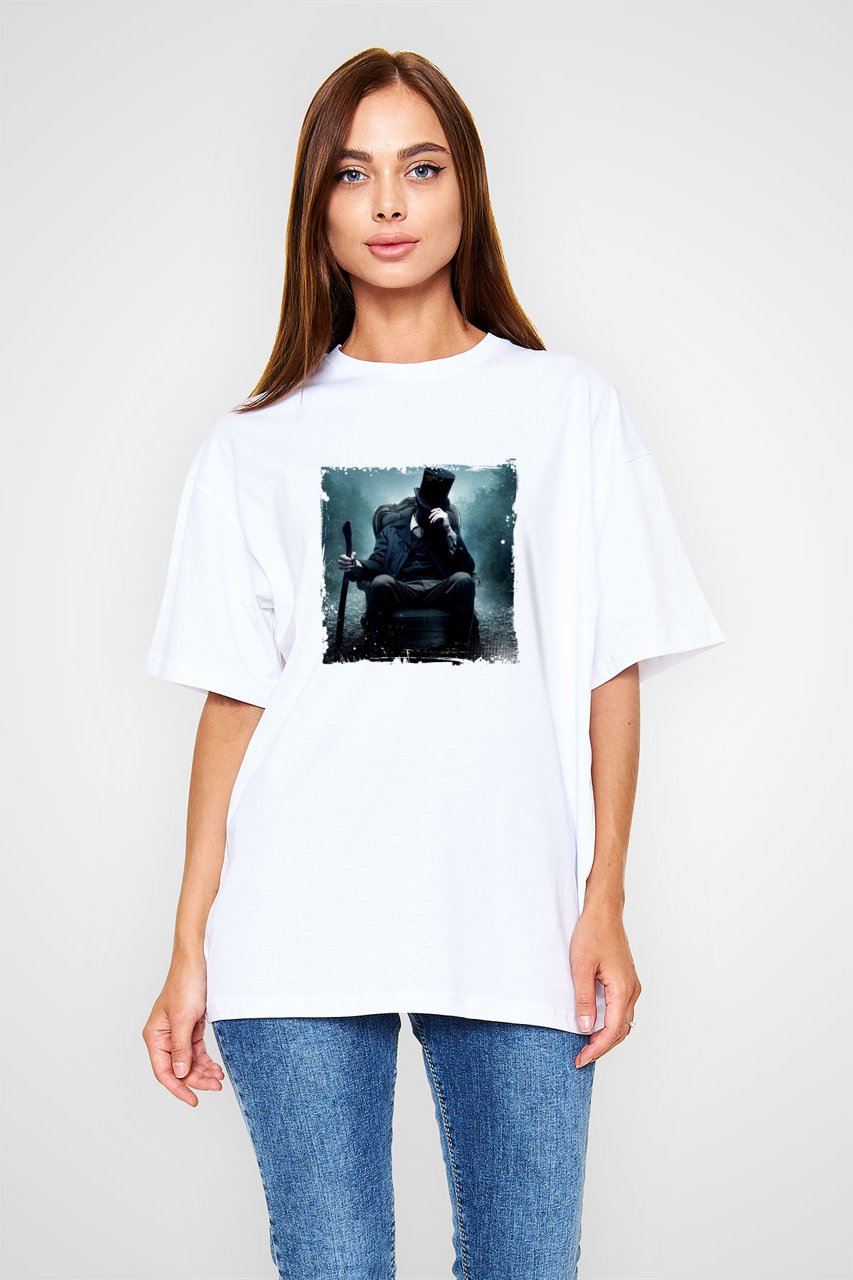 Abraham Lincoln Oversize Baskılı Beyaz Tişört