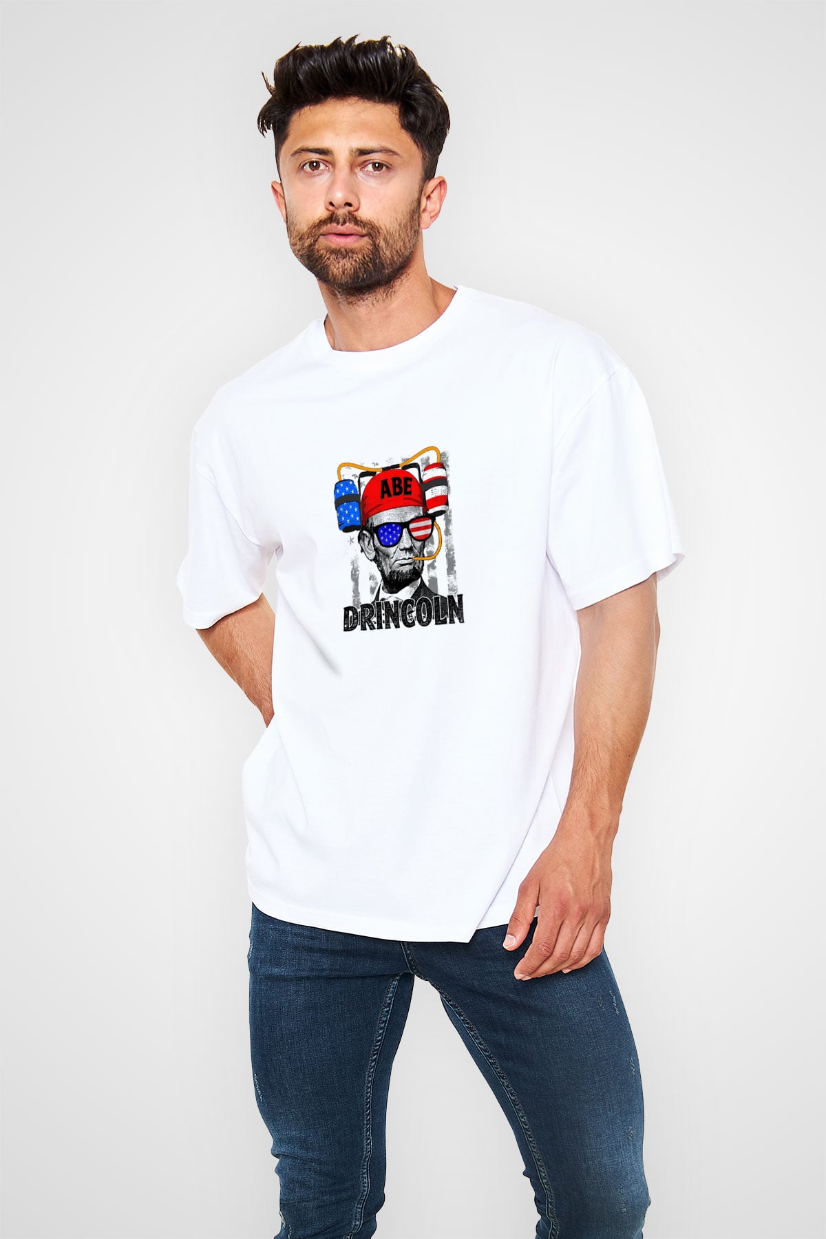 Abraham Lincoln Oversize Baskılı Beyaz Tişört