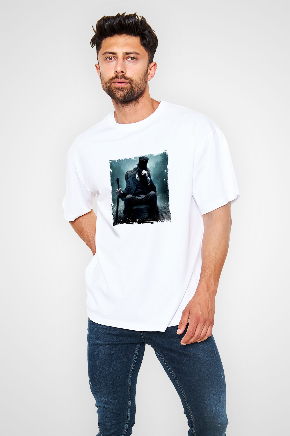Abraham Lincoln Oversize Baskılı Beyaz Tişört