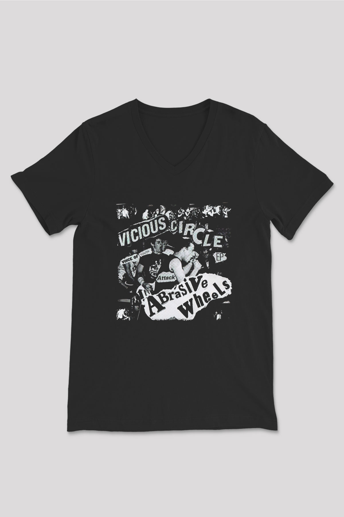 Abrasive Wheels Baskılı Unisex Siyah V Yaka Tişört - Tshirt