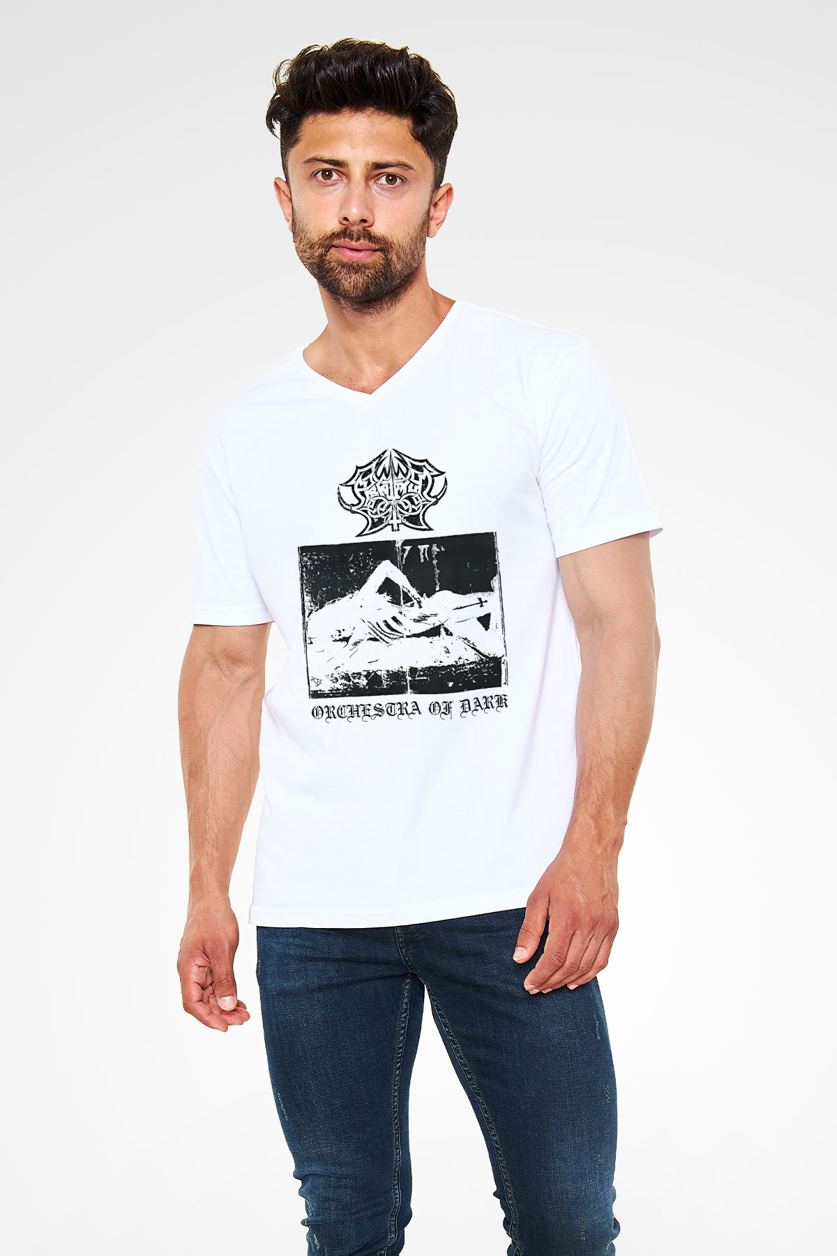 Abruptum Baskılı Beyaz Unisex V Yaka Tişört - Tshirt