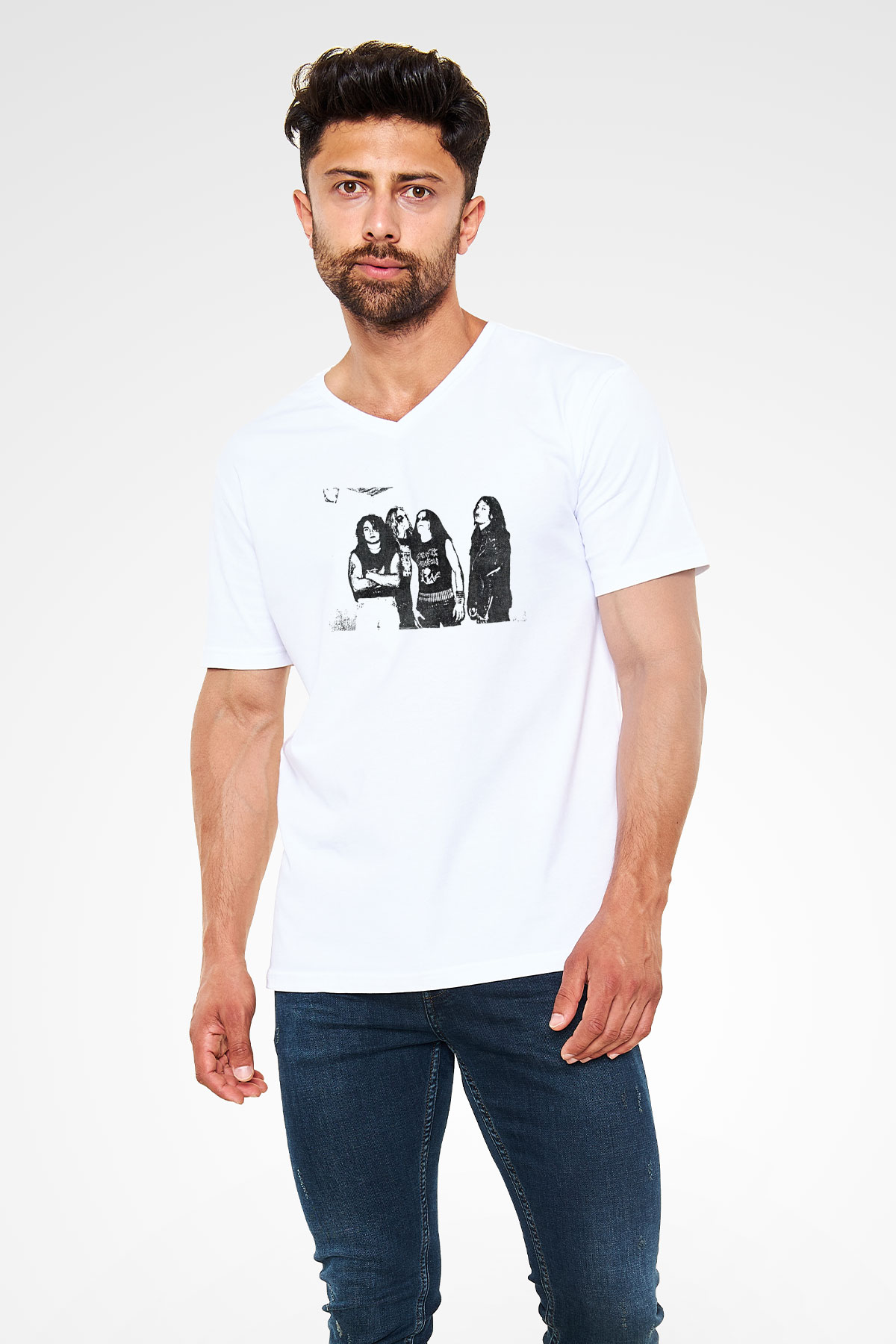 Abruptum Baskılı Beyaz Unisex V Yaka Tişört - Tshirt