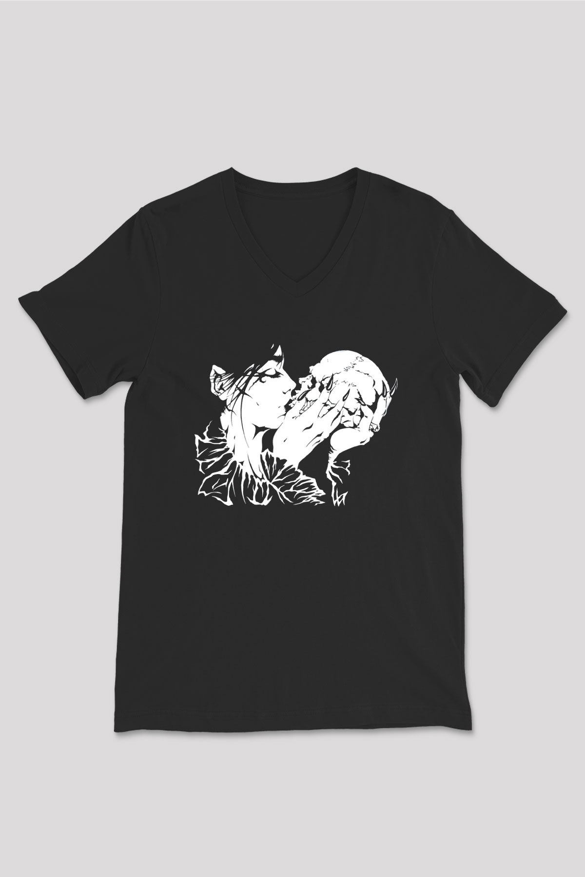 Abruptum Baskılı Unisex Siyah V Yaka Tişört - Tshirt