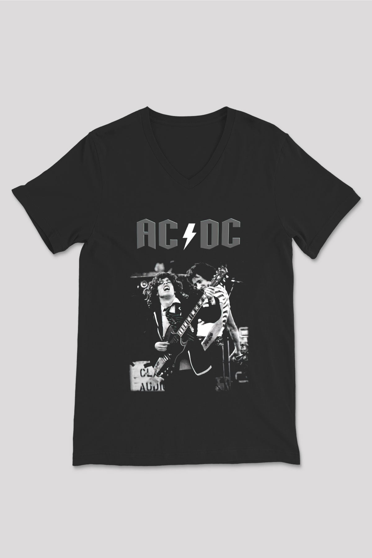 AC DC Angus Young Siyah Unisex V Yaka Tişört T-Shirt