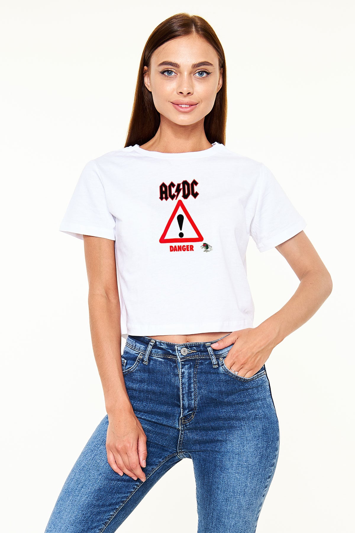 ACDC Baskılı Unisex Beyaz Crop Top Tişört
