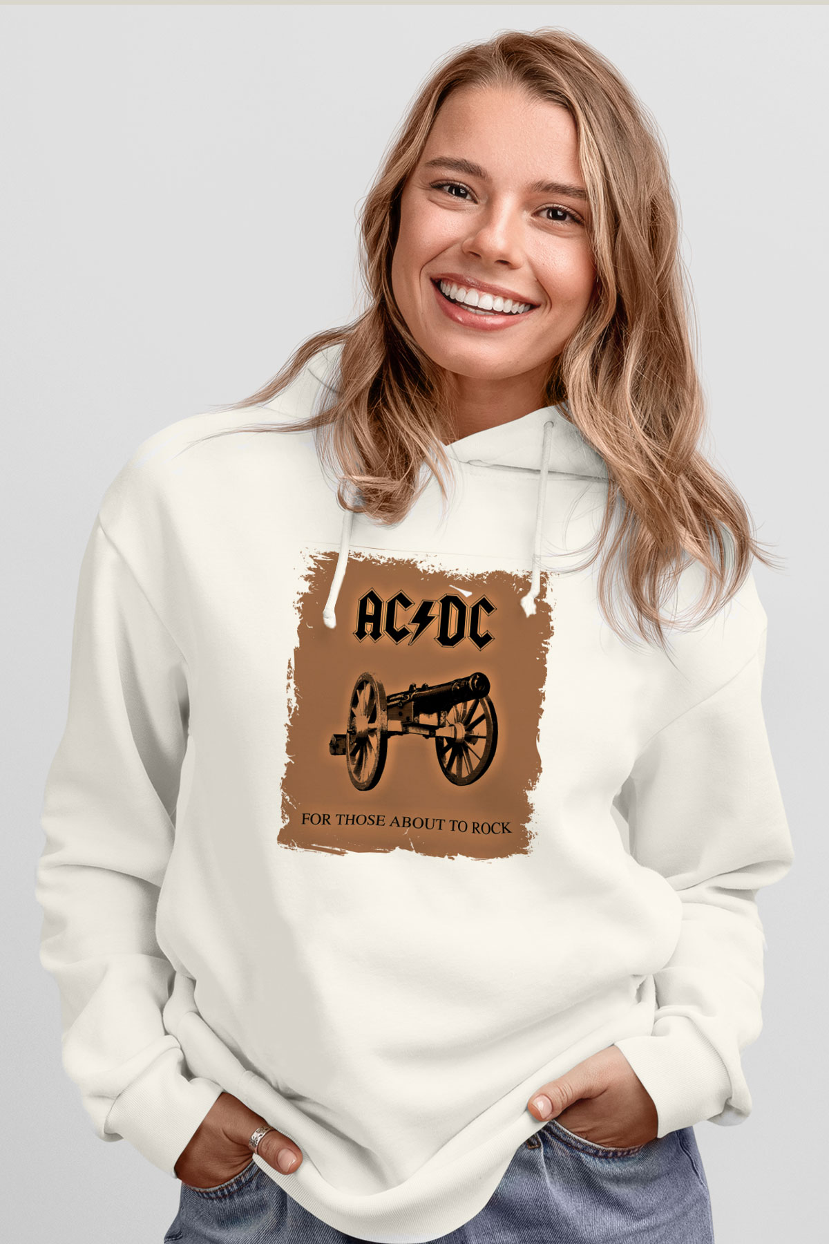 ACDC Baskılı Unisex Beyaz Hoodie