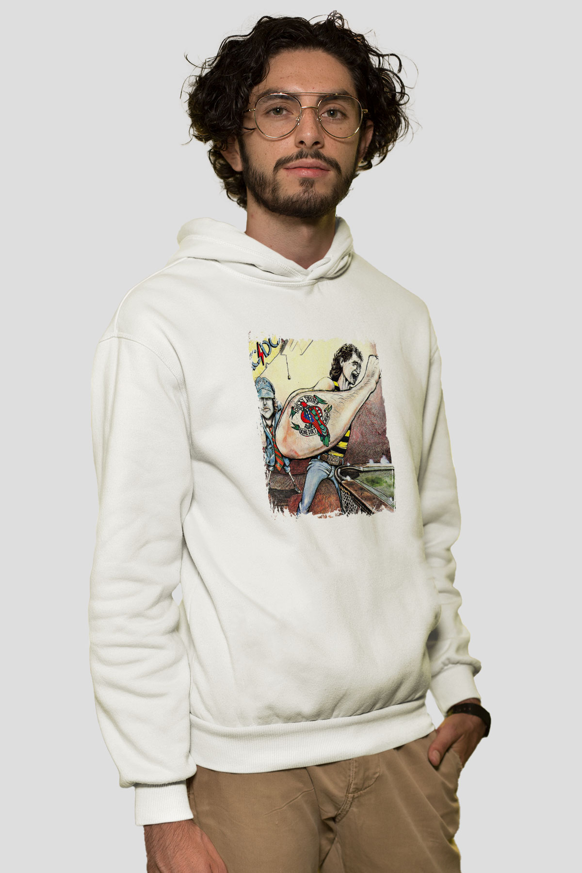 ACDC Baskılı Unisex Beyaz Hoodie