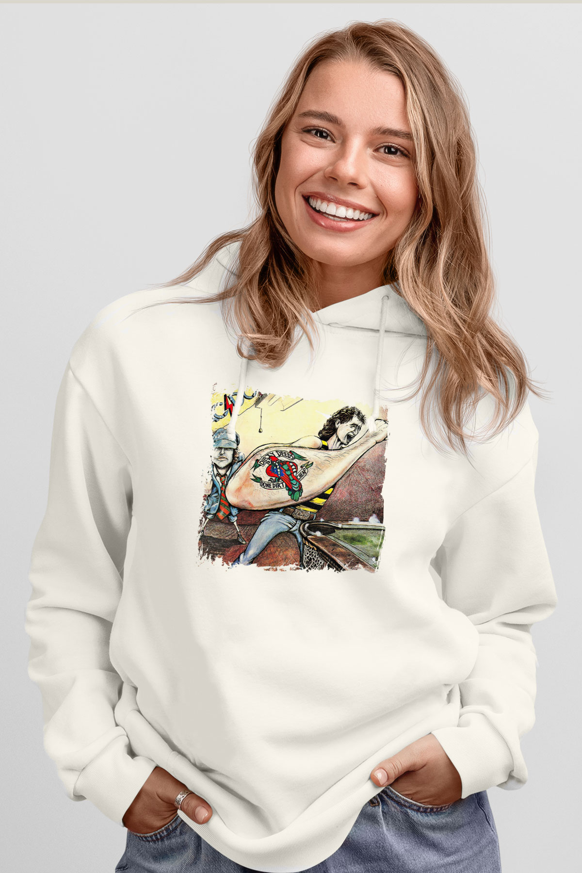ACDC Baskılı Unisex Beyaz Hoodie