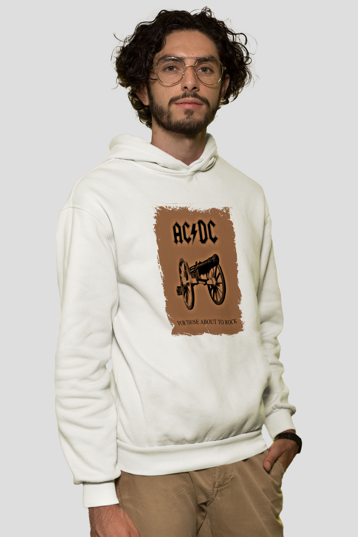 ACDC Baskılı Unisex Beyaz Hoodie