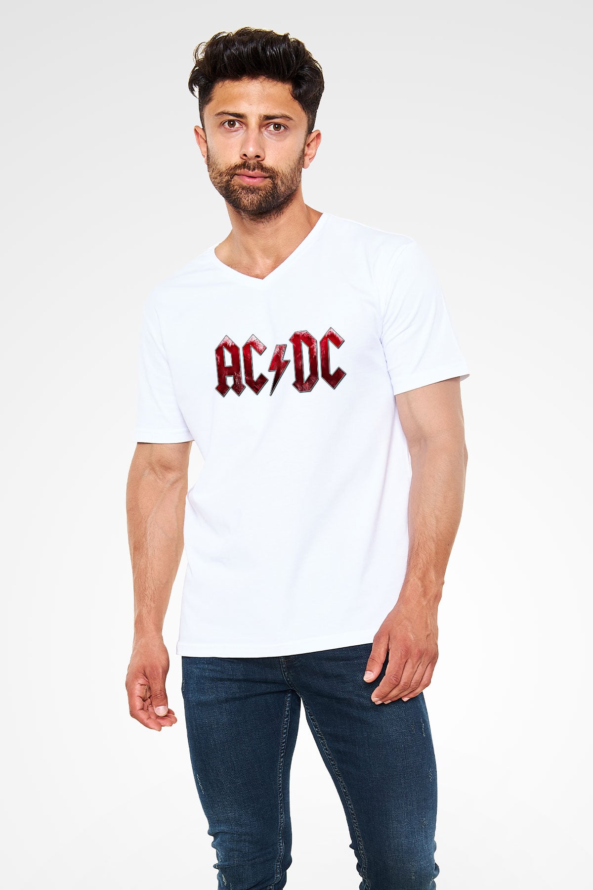 ACDC Baskılı Unisex Beyaz V Yaka Tişört