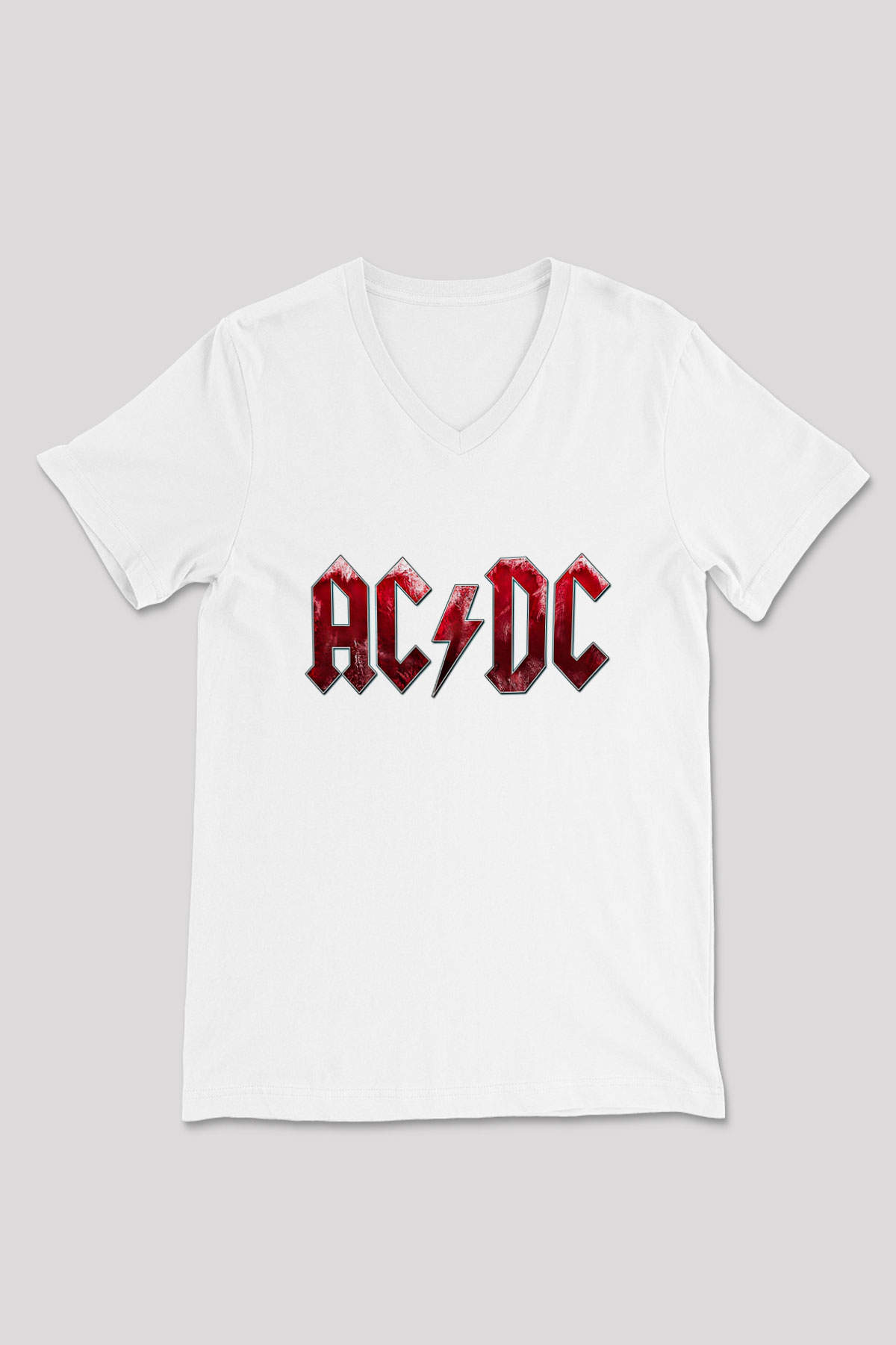 ACDC Baskılı Unisex Beyaz V Yaka Tişört