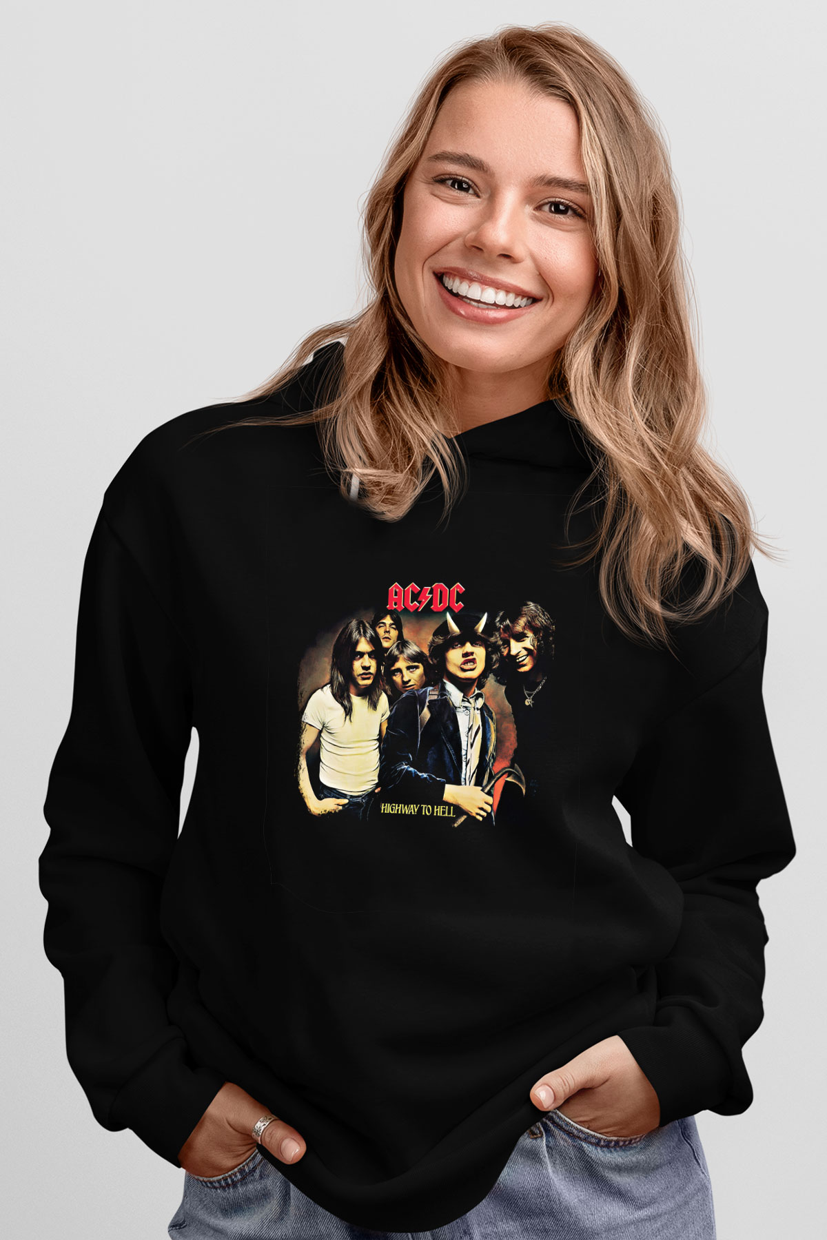 ACDC Baskılı Unisex Siyah Hoodie