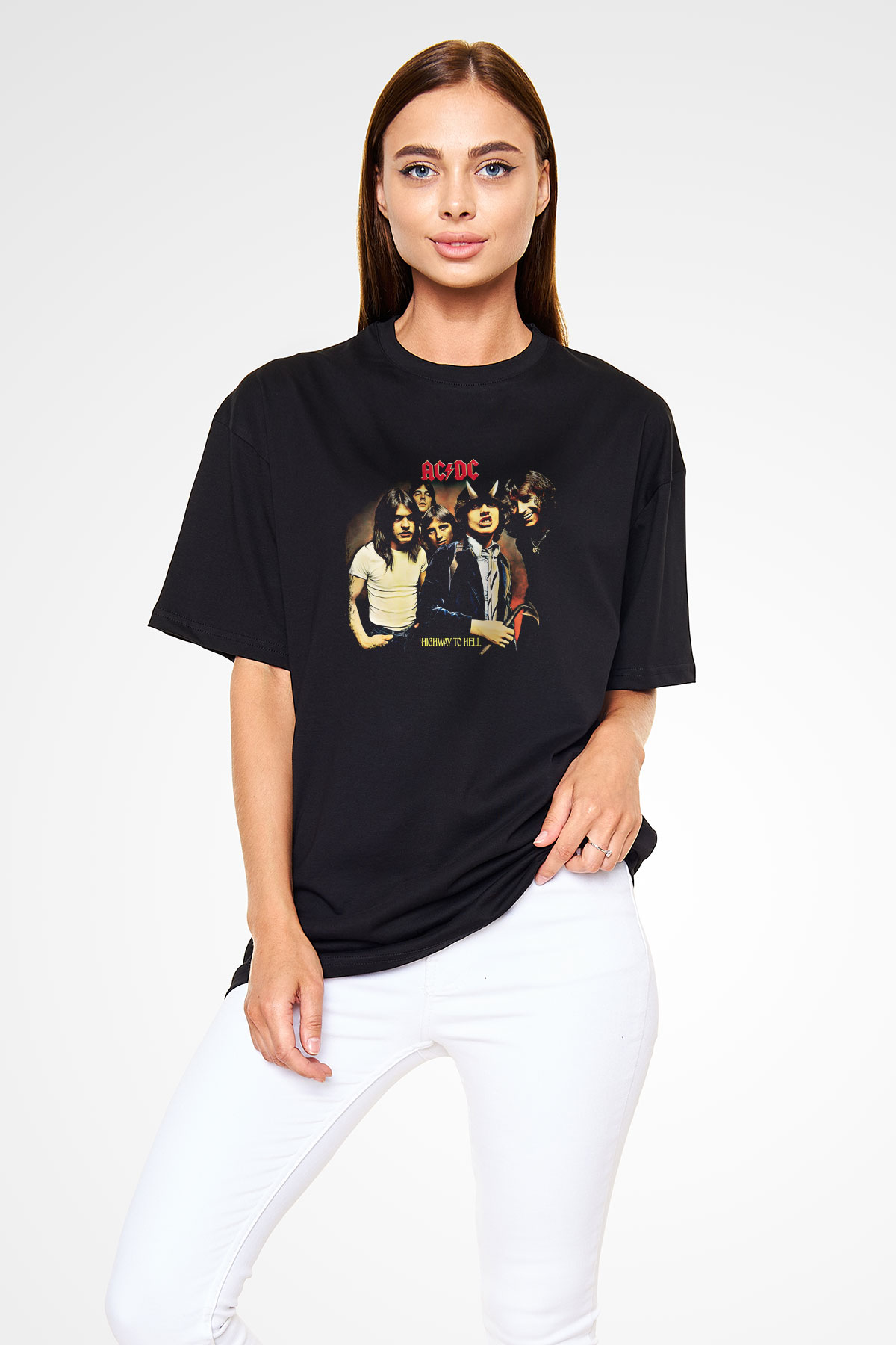 ACDC Baskılı Unisex Siyah Oversize Tişört