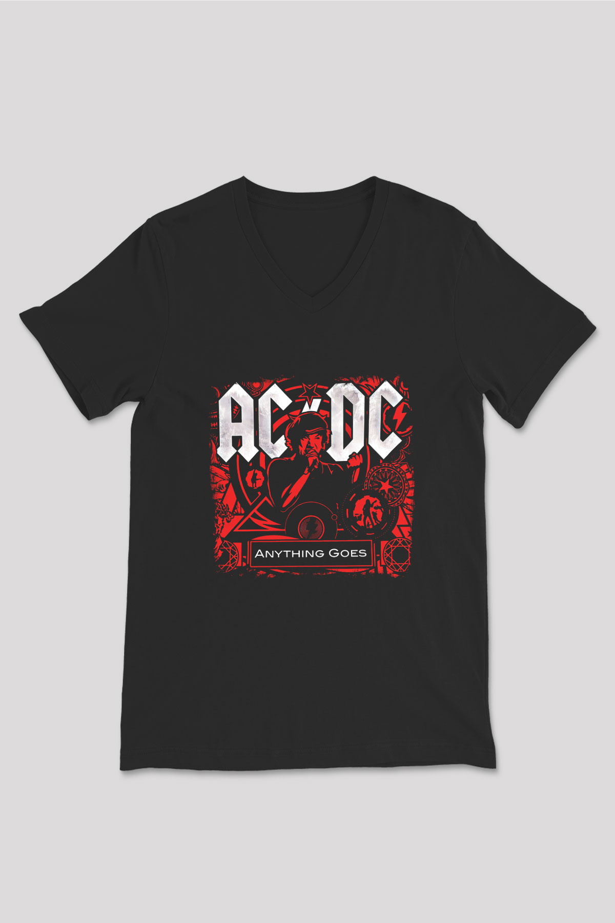 ACDC Baskılı Unisex Siyah V Yaka Tişört