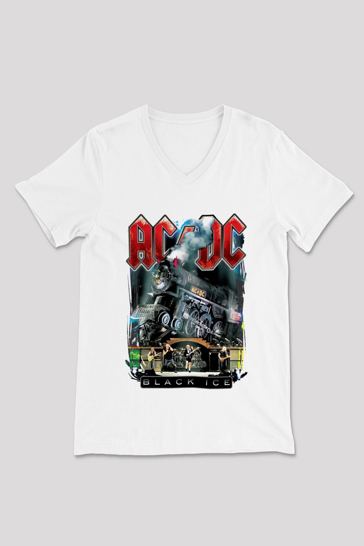 AC DC Black Ice Beyaz Unisex V Yaka Tişört T-Shirt