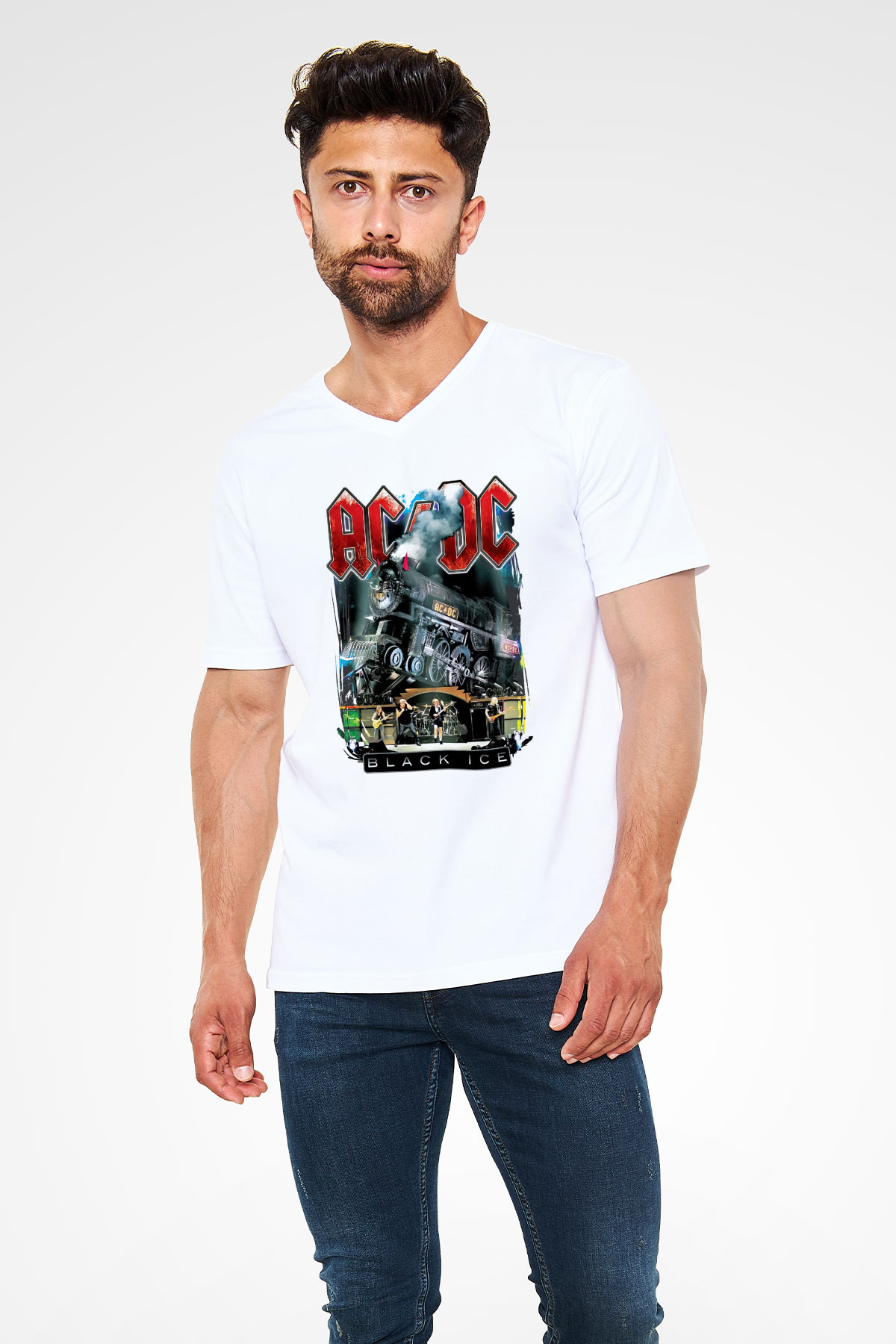 AC DC Black Ice Beyaz Unisex V Yaka Tişört T-Shirt