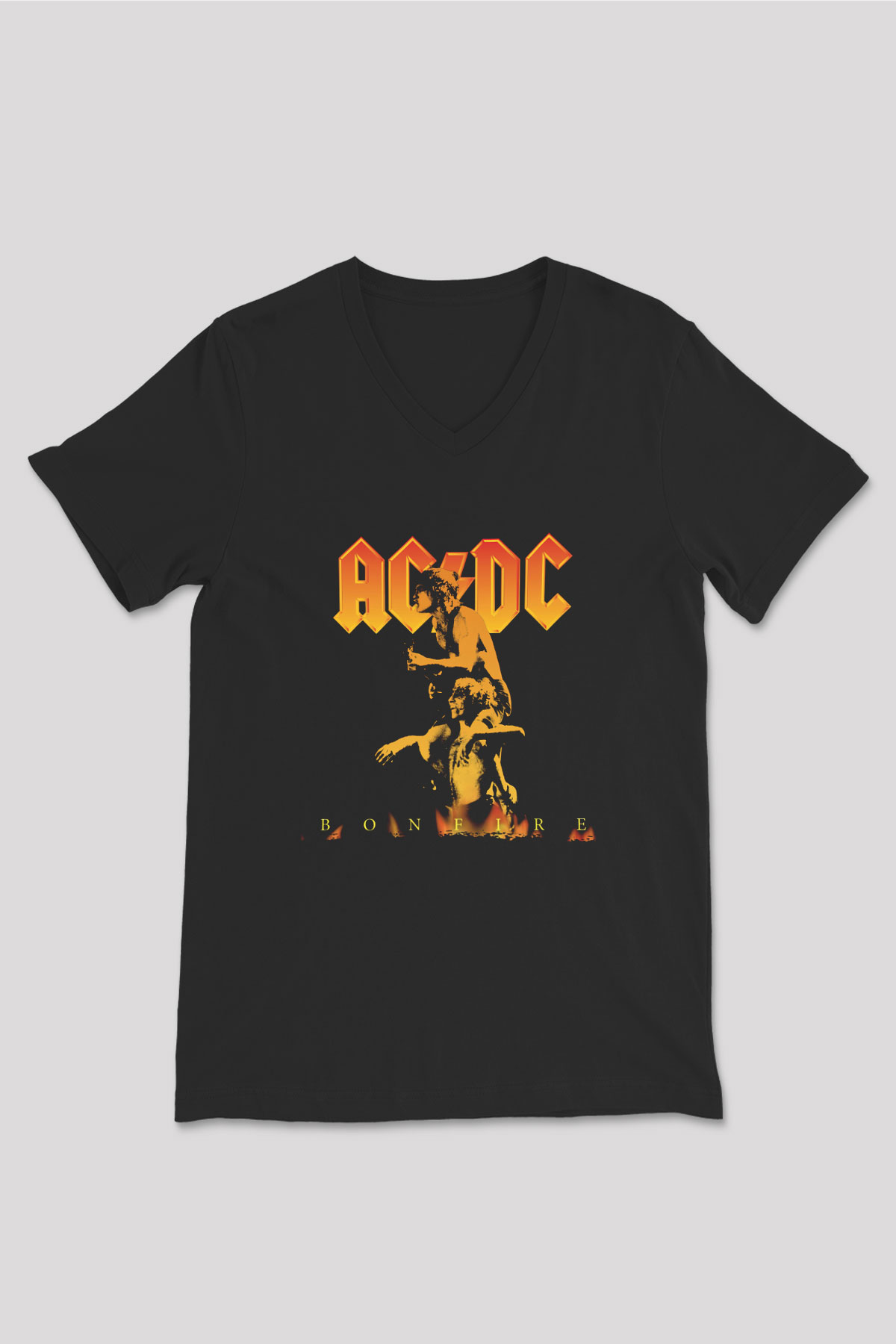 AC DC Bonfire Siyah Unisex V Yaka Tişört