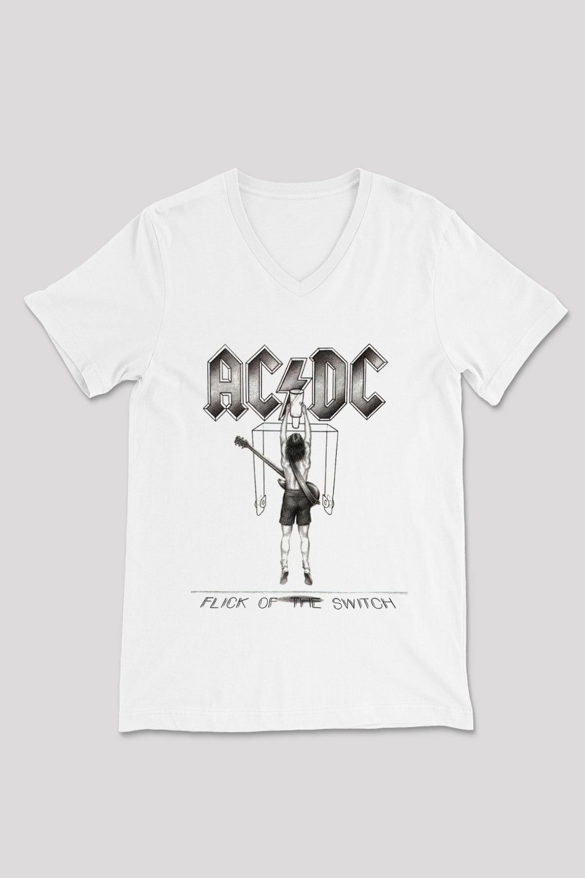 AC DC Flick Of The Switch Beyaz Unisex V Yaka Tişört T-Shirt