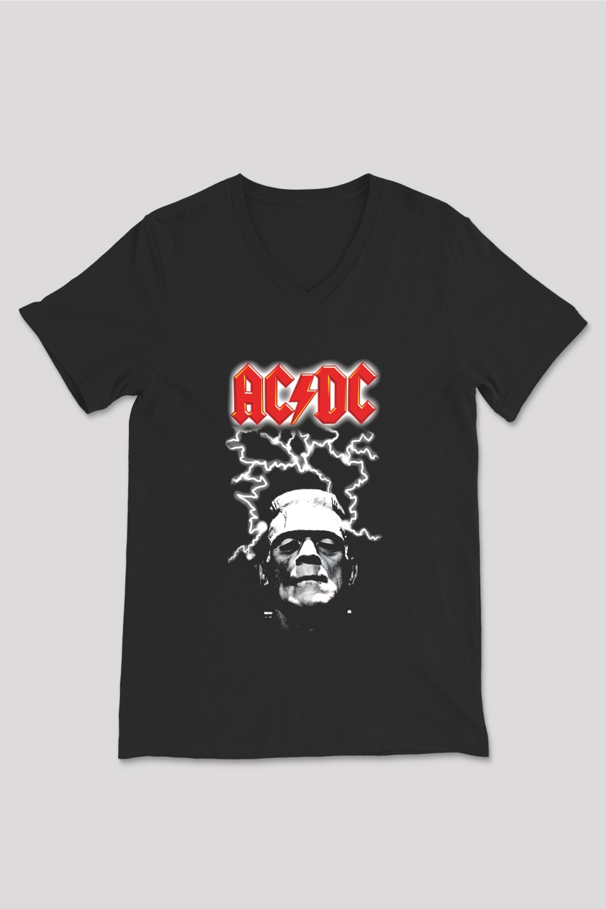 AC DC Frankenstein Thunderbolt Siyah Unisex V Yaka Tişört T-Shirt