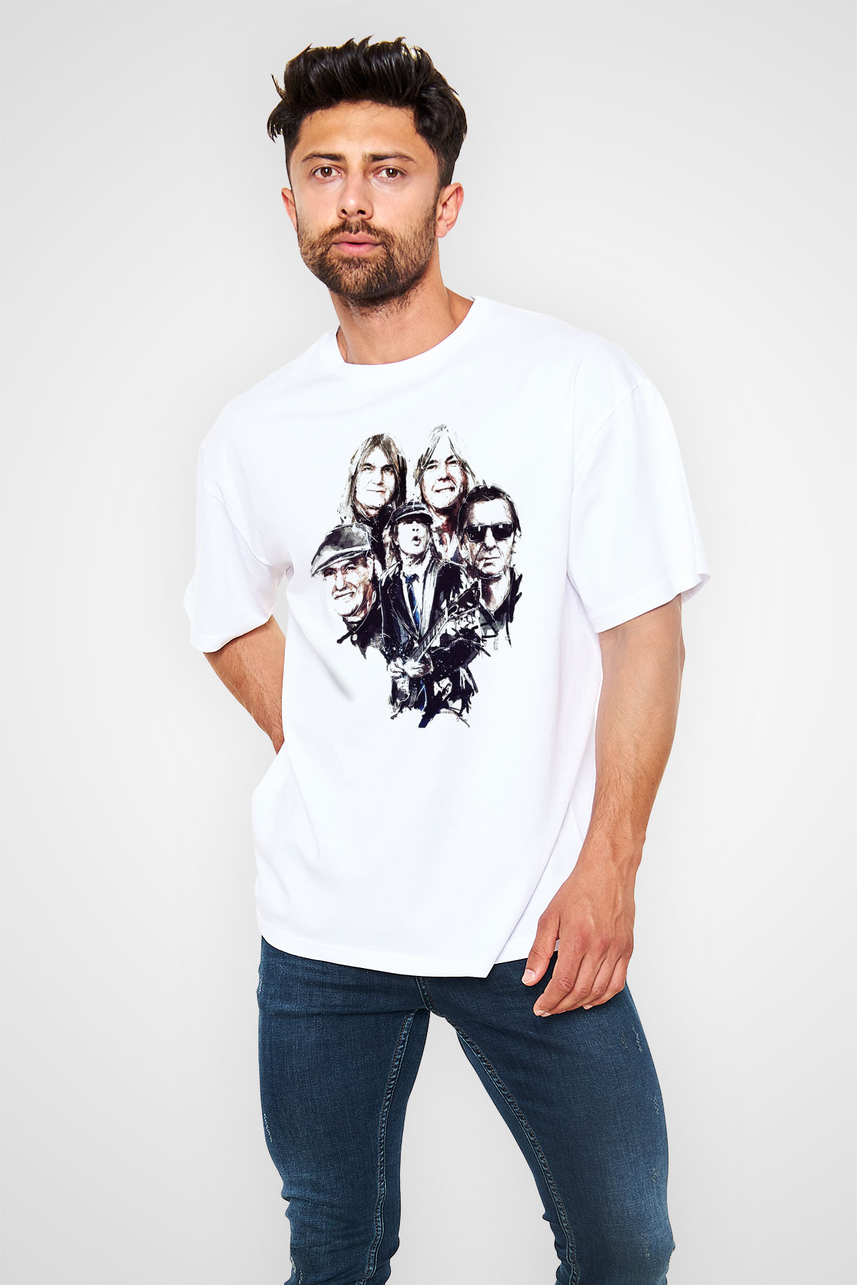 AC DC Group Beyaz Unisex Oversize Tişört T-Shirt