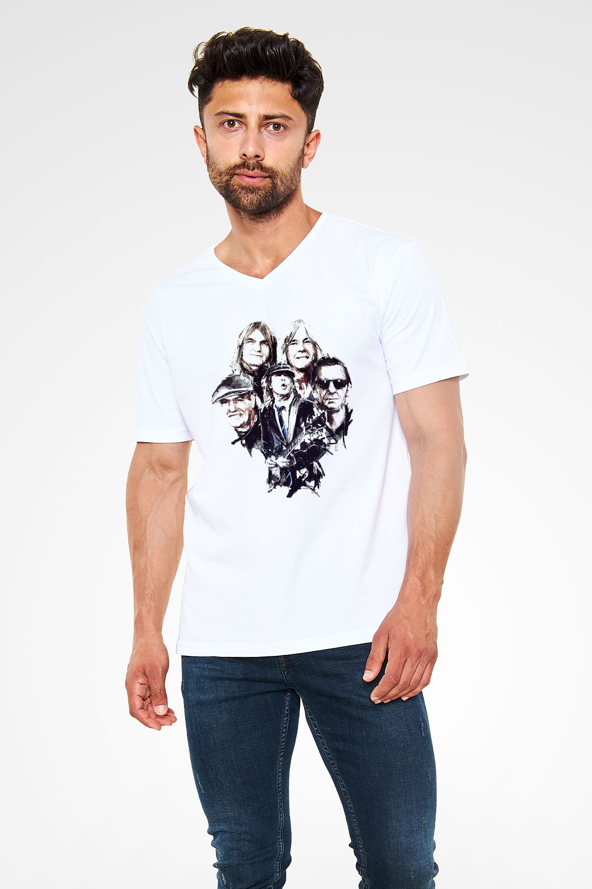 AC DC Group Beyaz Unisex V Yaka Tişört T-Shirt