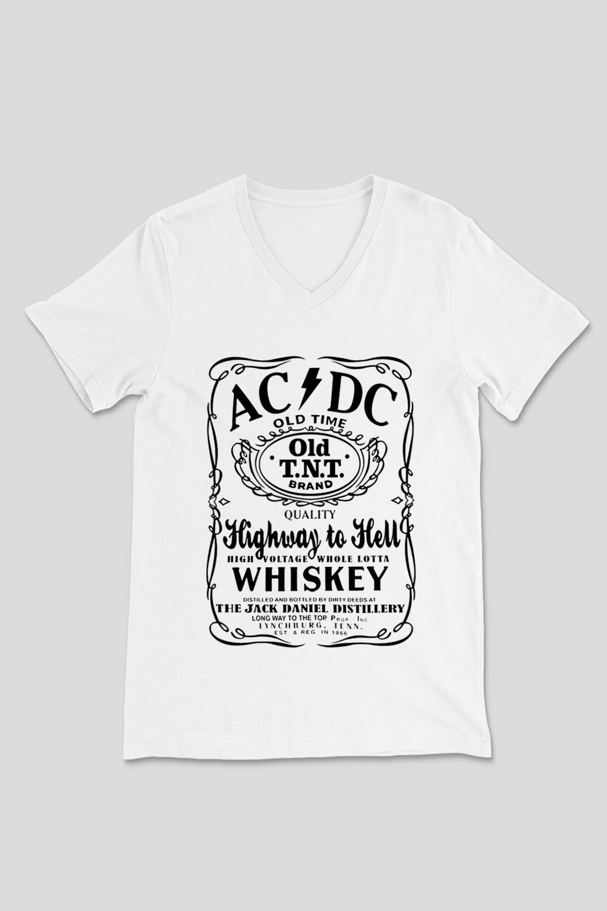 AC DC Highway To Hell Beyaz Unisex V Yaka Tişört T-Shirt