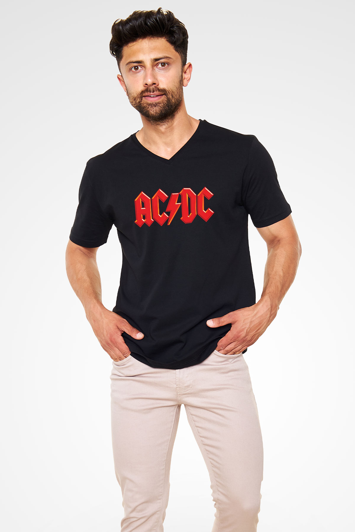 AC DC Highway To Hell Siyah Unisex V Yaka Tişört