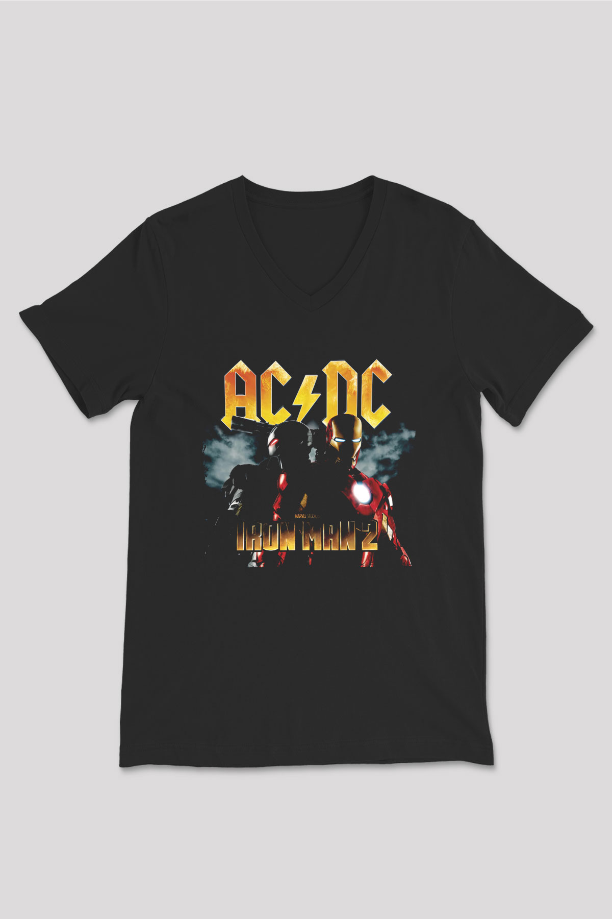AC DC Iron Man 2 Siyah Unisex V Yaka Tişört