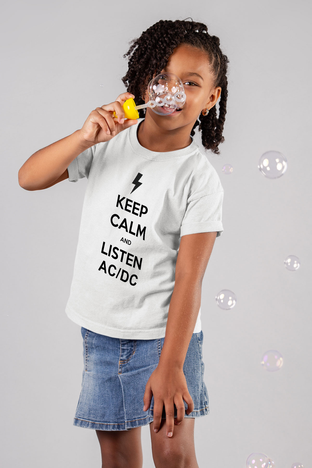 AC DC Keep Calm And Listen Baskılı Beyaz Unisex Çocuk Tişört