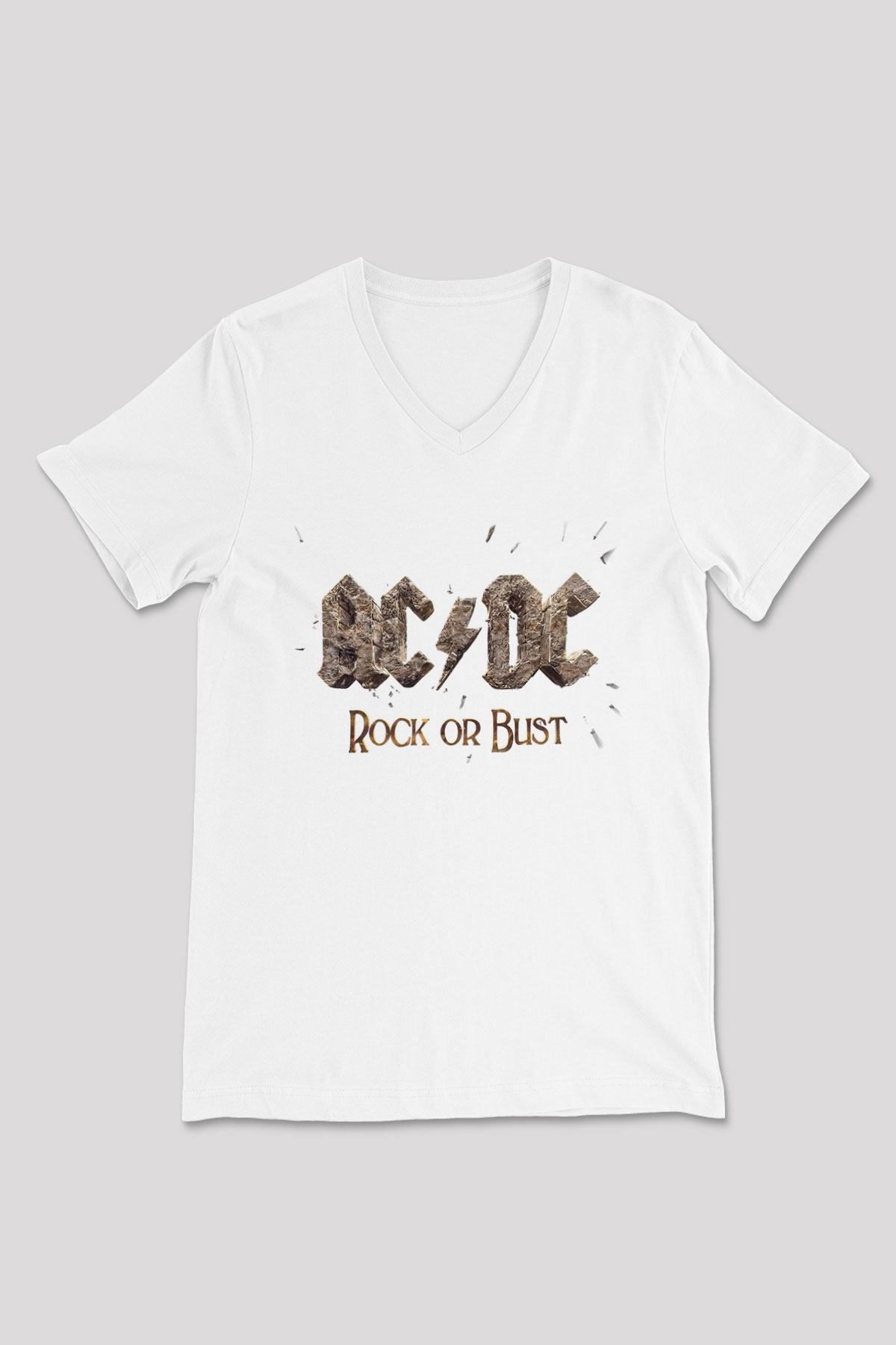 AC DC Rock Or Bust Beyaz Unisex V Yaka Tişört T-Shirt