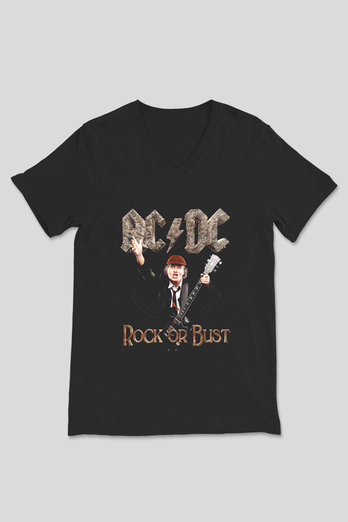 AC DC Rock Or Bust Siyah Unisex V Yaka Tişört T-Shirt