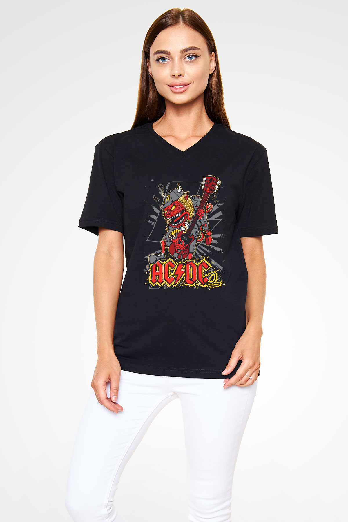 AC DC Siyah Unisex V Yaka Tişört T-Shirt