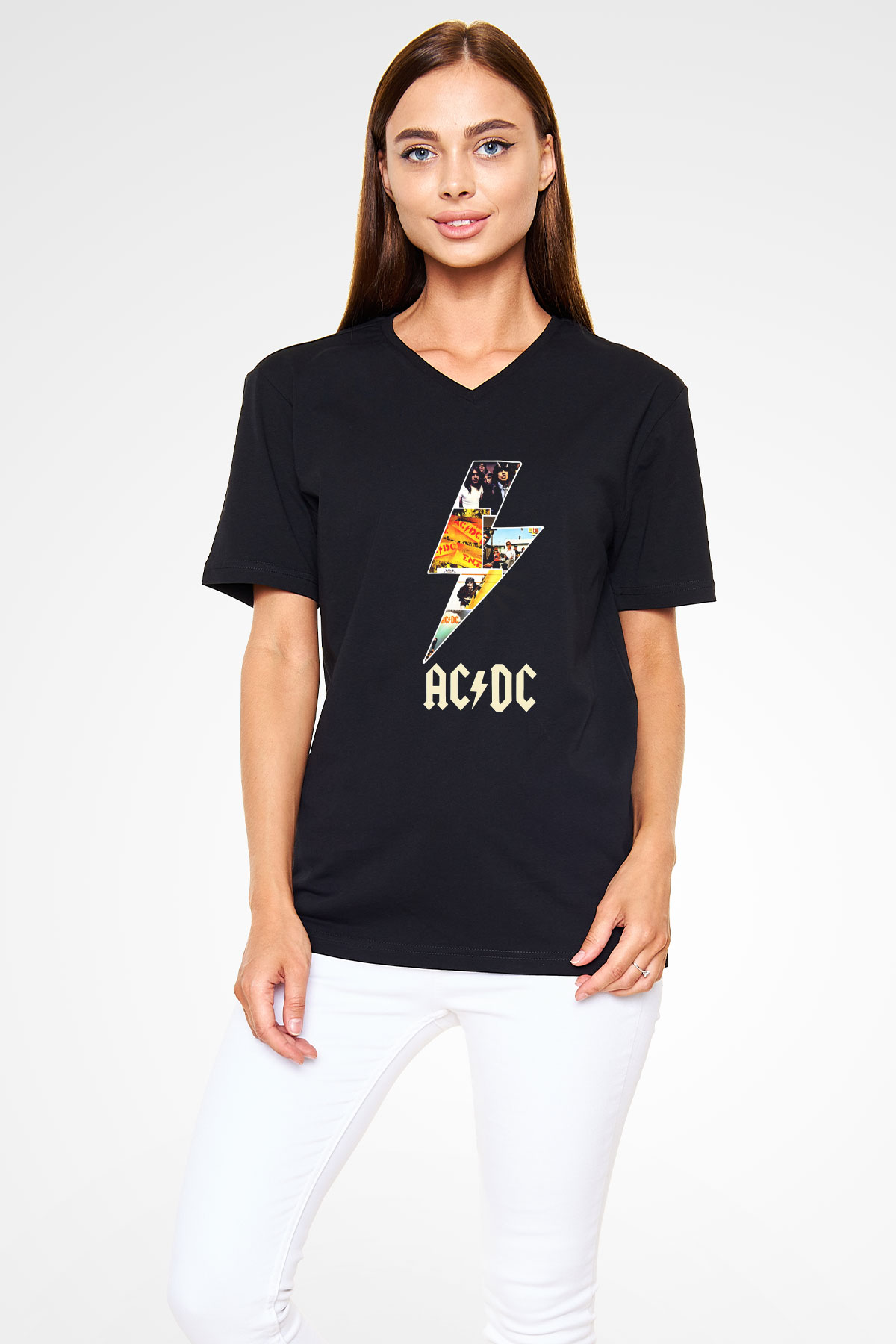 AC DC Thunderbolt Siyah Unisex V Yaka Tişört T-Shirt