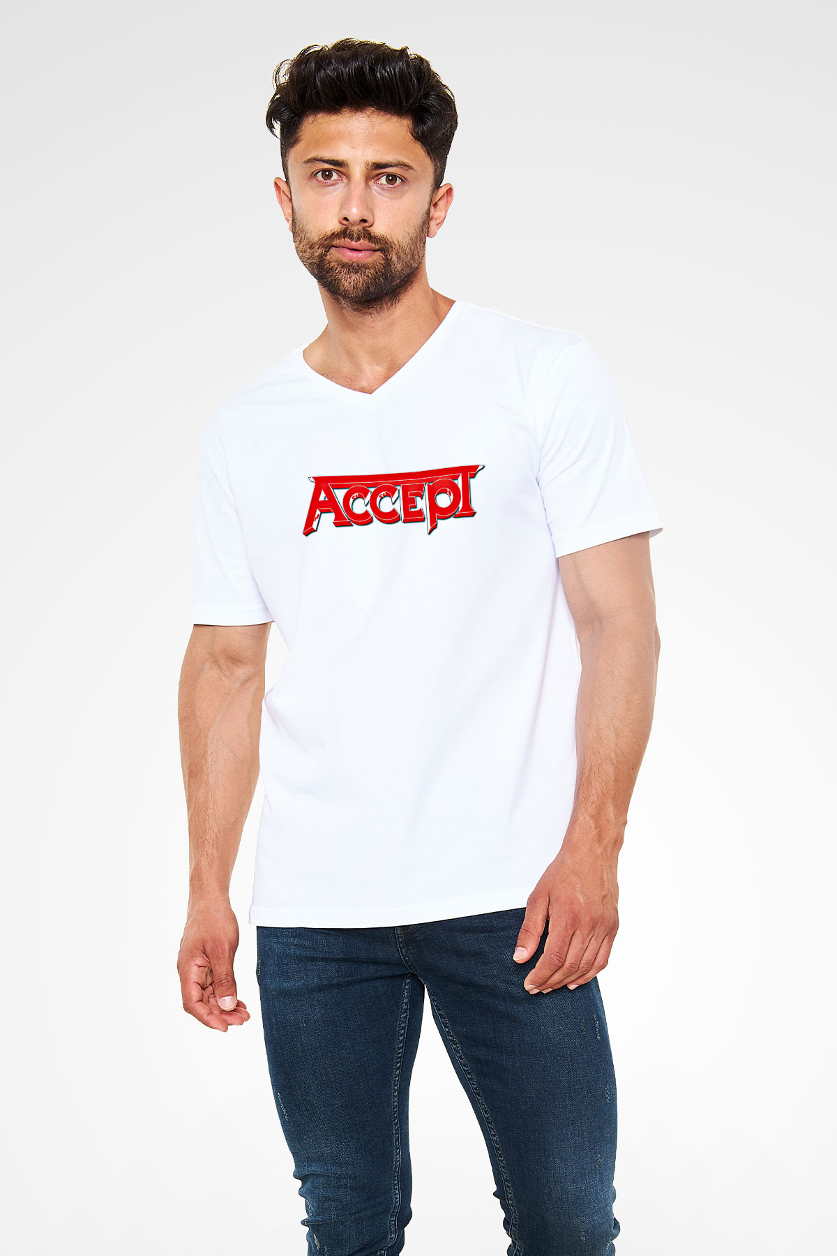 Accept Baskılı Unisex Beyaz V Yaka Tişört
