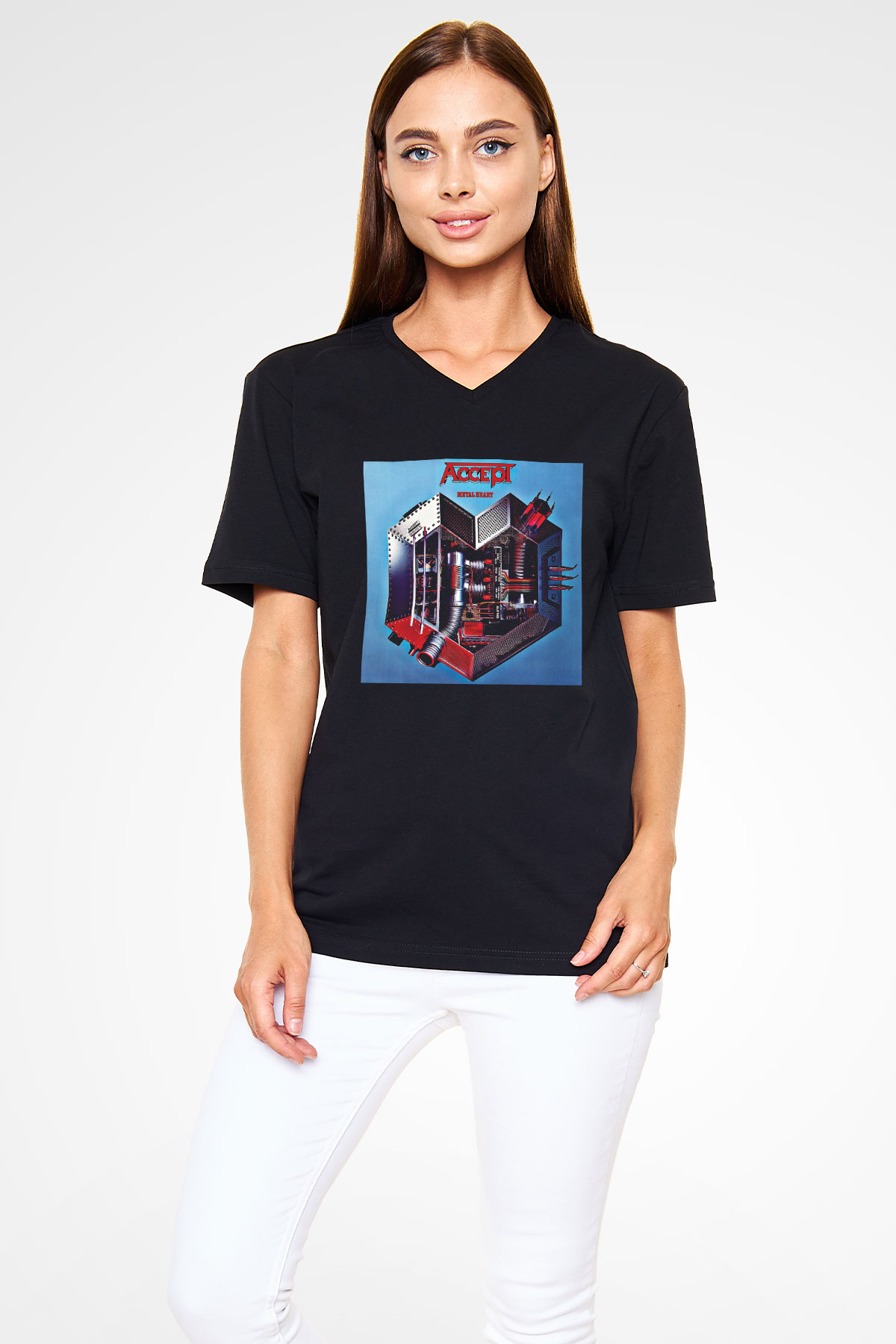 Accept Baskılı Unisex Siyah V Yaka Tişört
