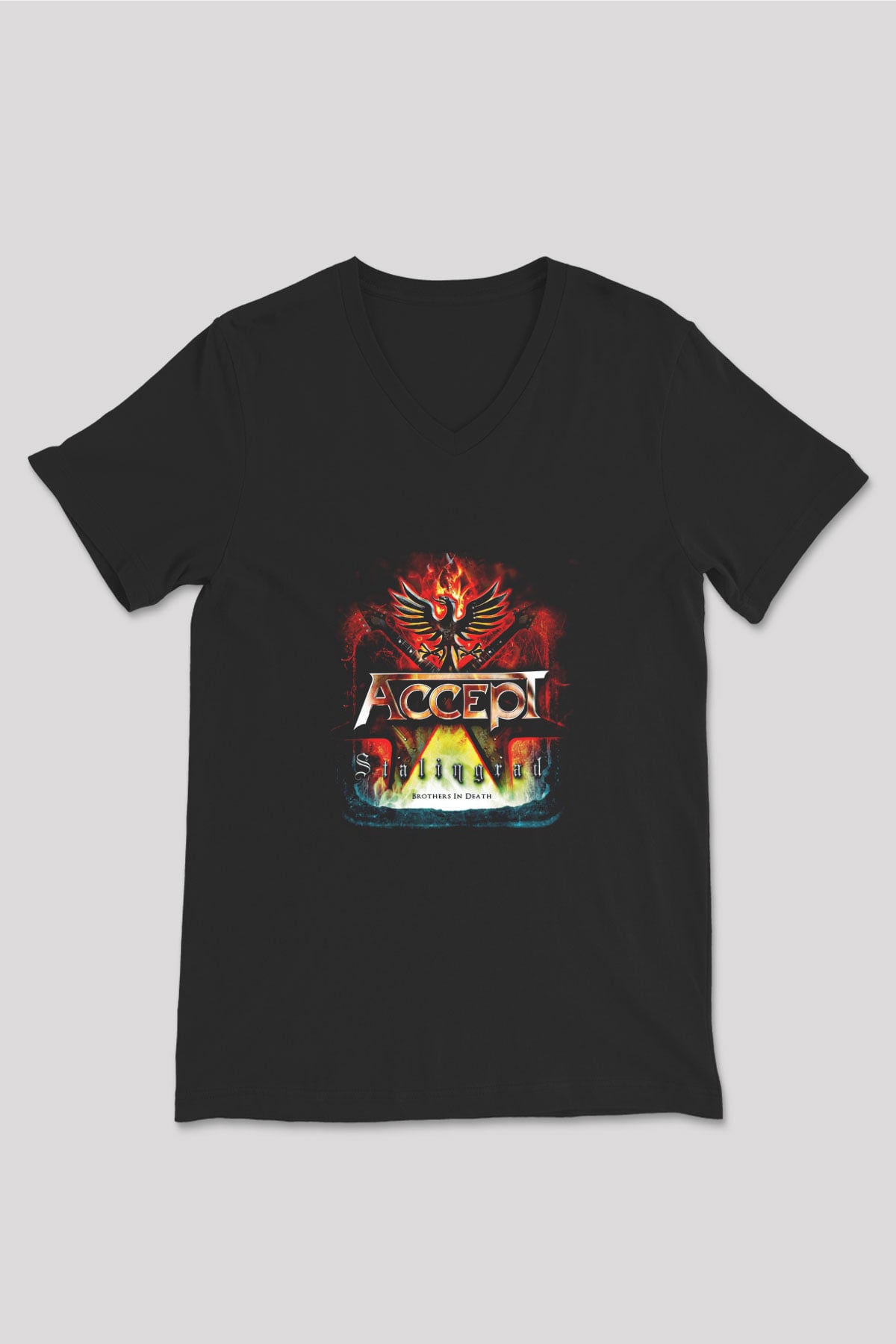 Accept Baskılı Unisex Siyah V Yaka Tişört