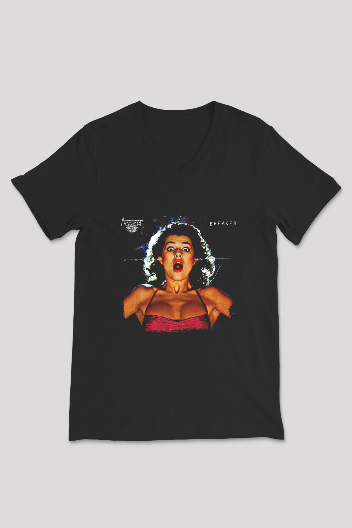 Accept Baskılı Unisex Siyah V Yaka Tişört