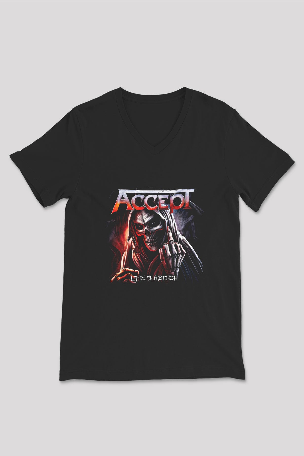 Accept Baskılı Unisex Siyah V Yaka Tişört