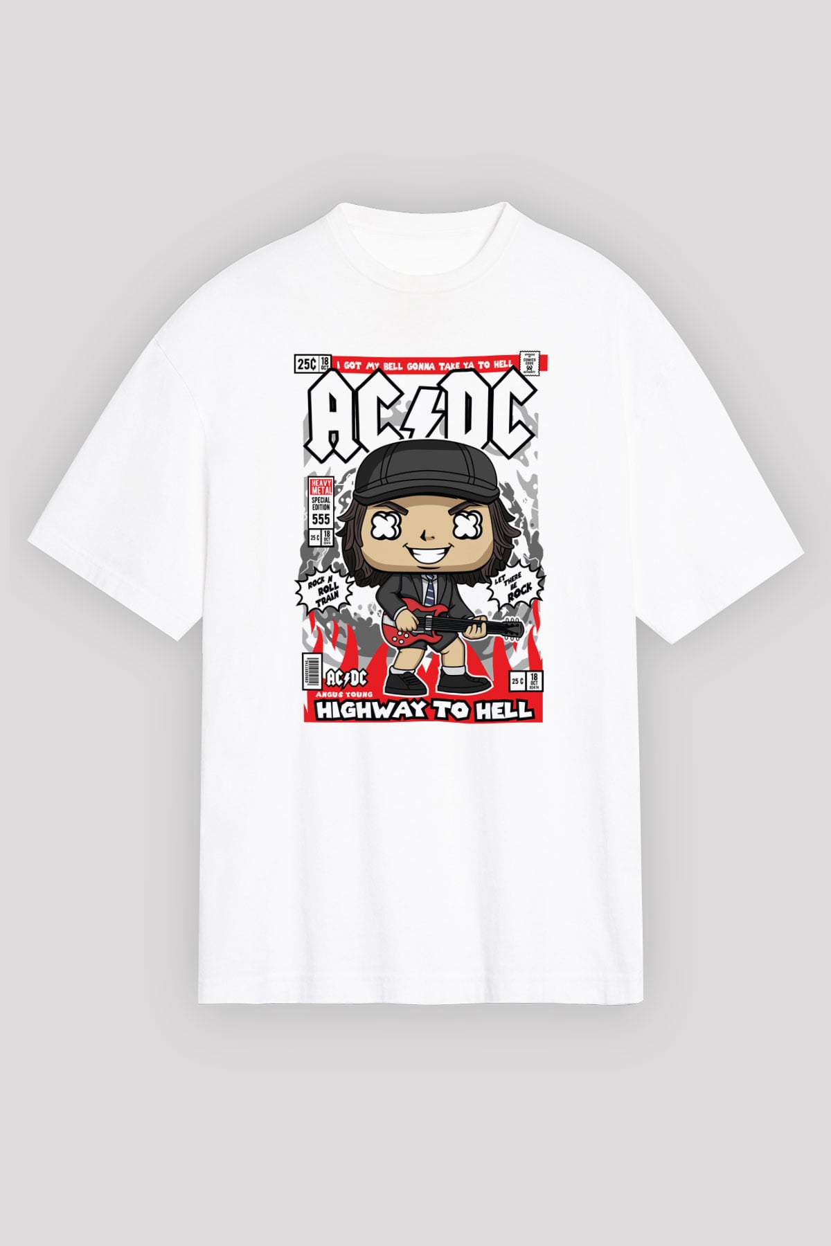 ACDC Baskılı Unisex Beyaz Oversize Tişört
