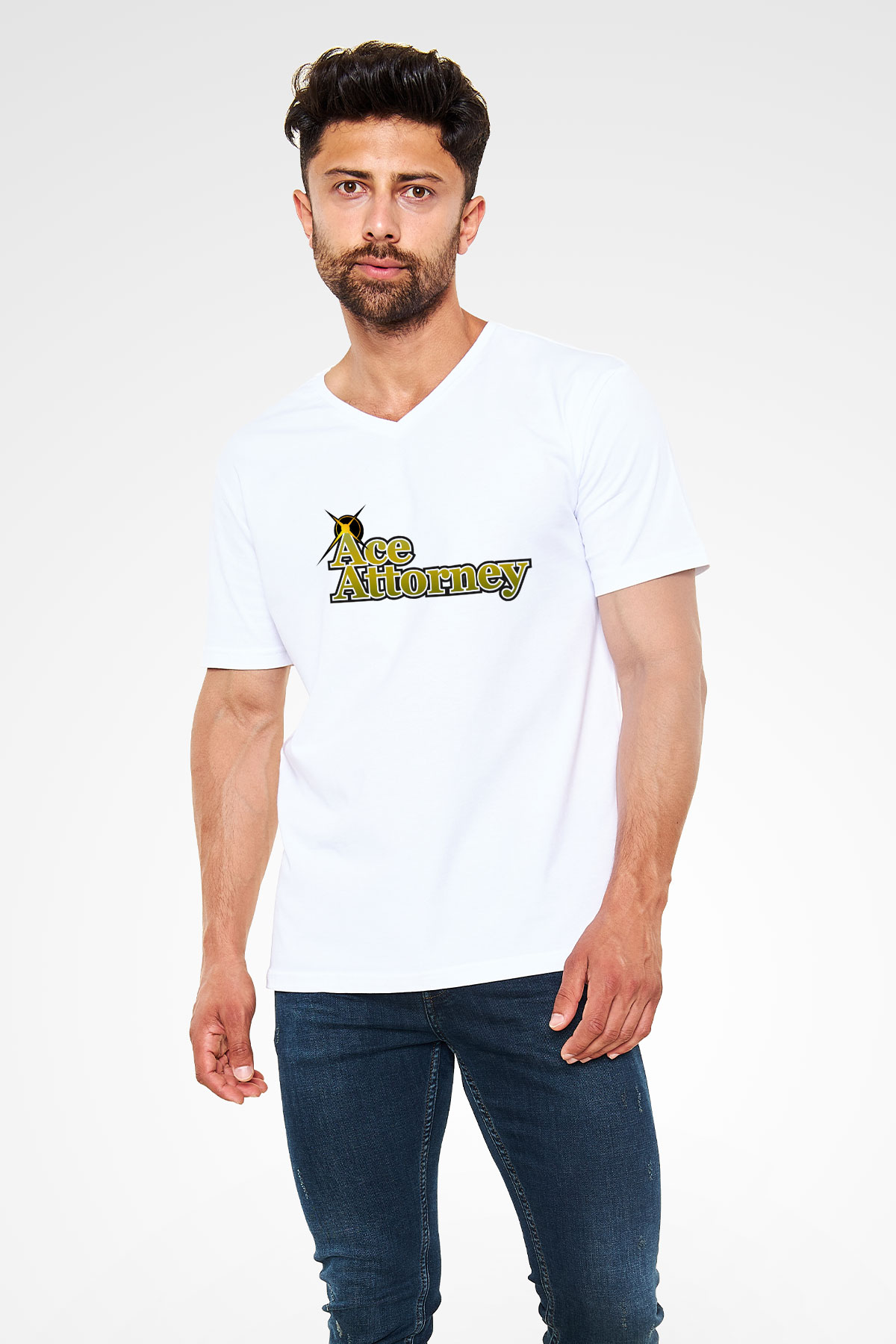 Ace Attorney Beyaz Unisex V Yaka Tişört T-Shirt