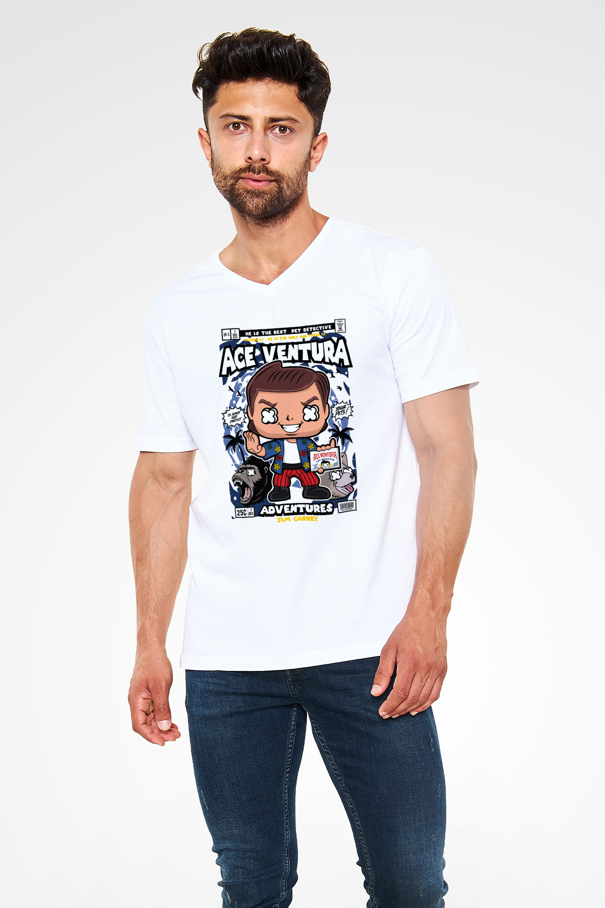 Ace Ventura Baskılı Unisex Beyaz V Yaka Tişört