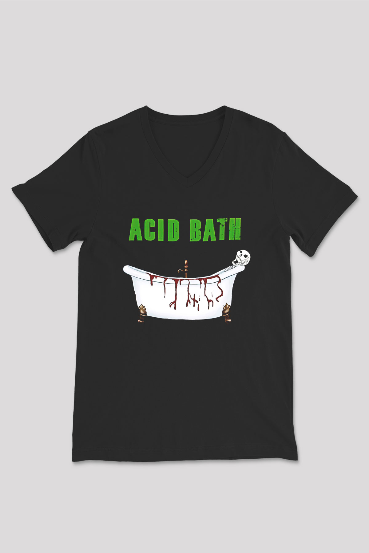 Acid Bath Baskılı Unisex Siyah V Yaka Tişört - Tshirt