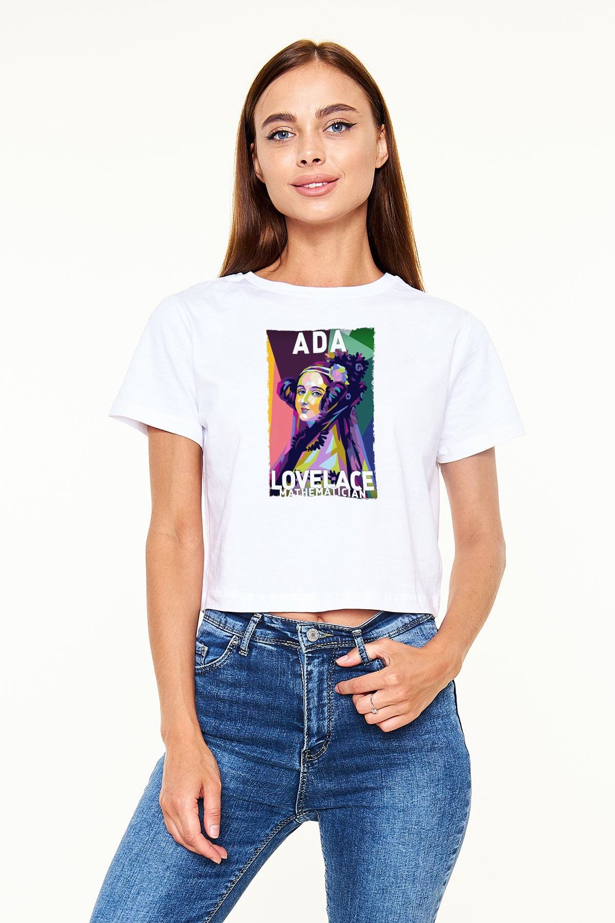 Ada Lovelace Baskılı Kadın Crop Top Beyaz Tişört