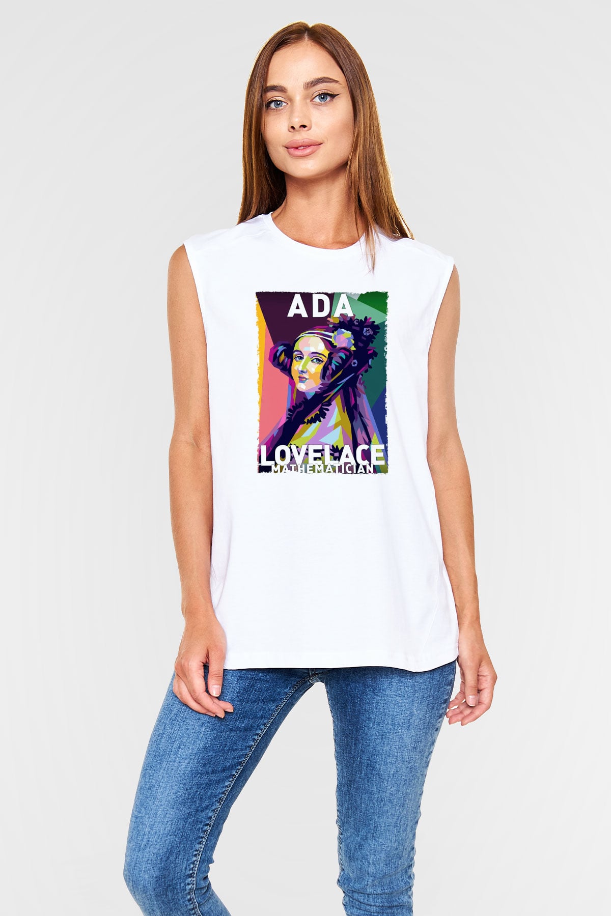 Ada Lovelace Baskılı Unisex Kolsuz Beyaz Tişört - Tshirt
