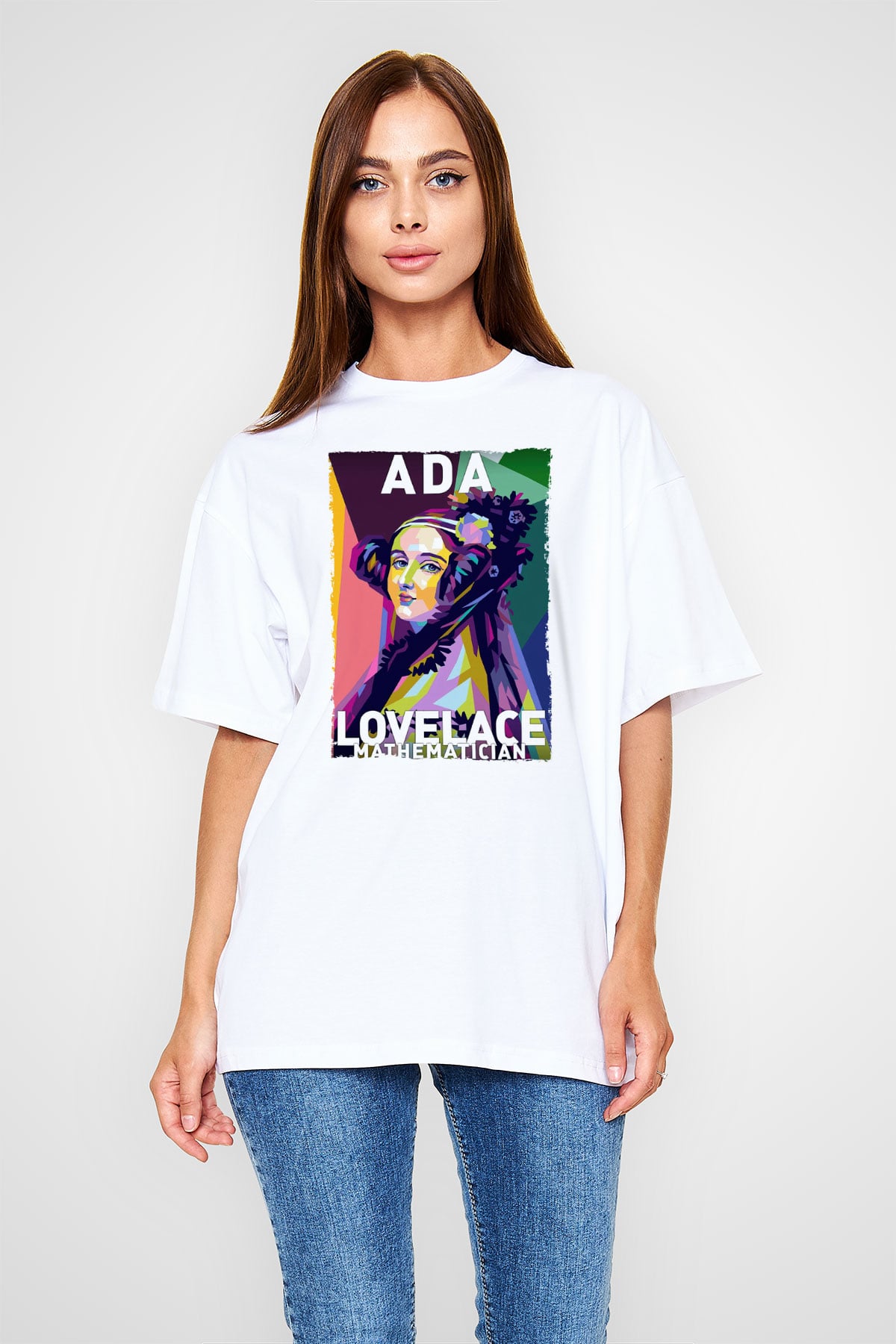 Ada Lovelace Baskılı Unisex Oversize Beyaz Tişört - Tshirt