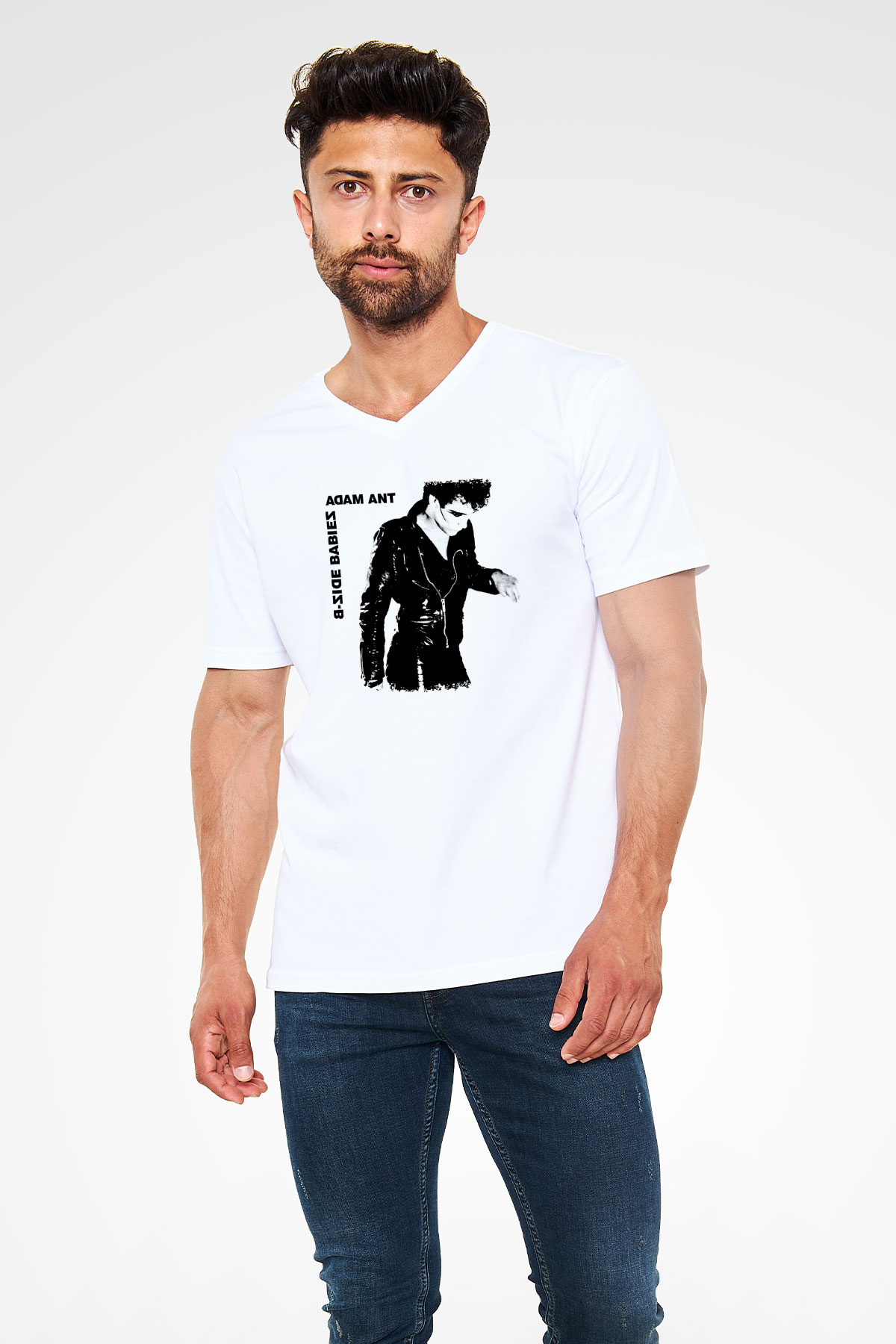 Adam Ant Baskılı Unisex Beyaz V Yaka Tişört